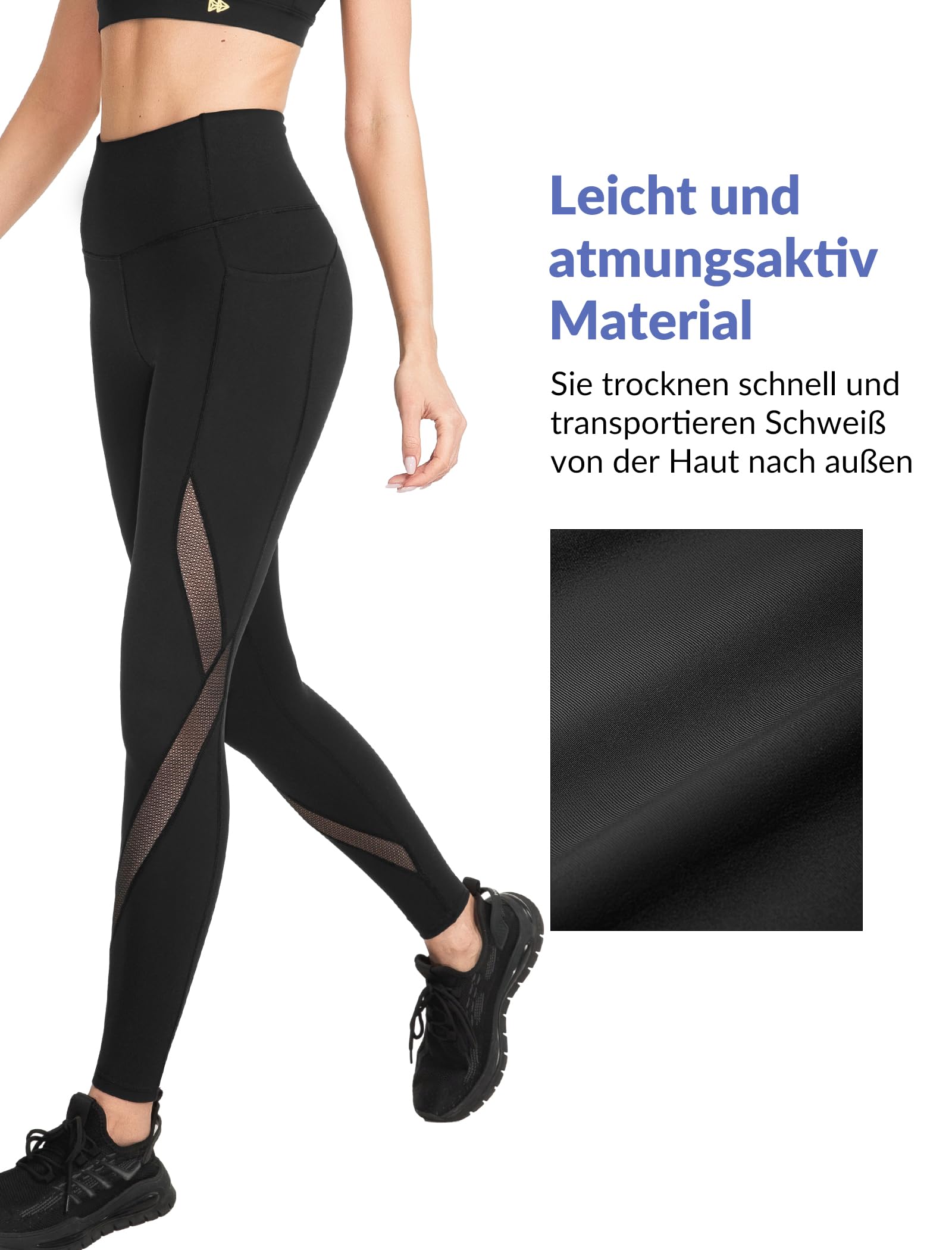 Svarta leggings med hög midja och transparenta meshpartier på benen.