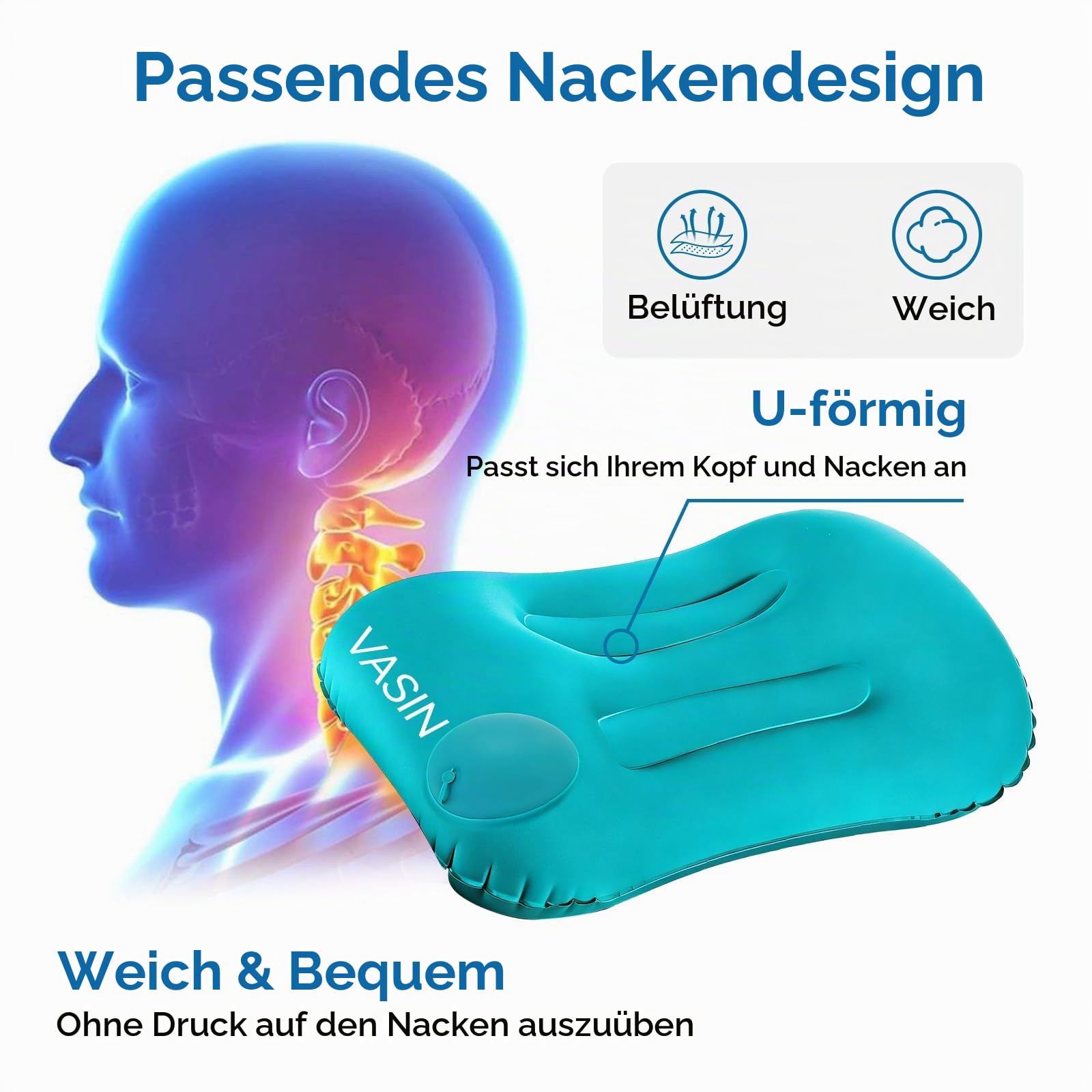 Turkos uppblåsbar nackkudde från VASIN med U-formad design och anatomisk illustration.