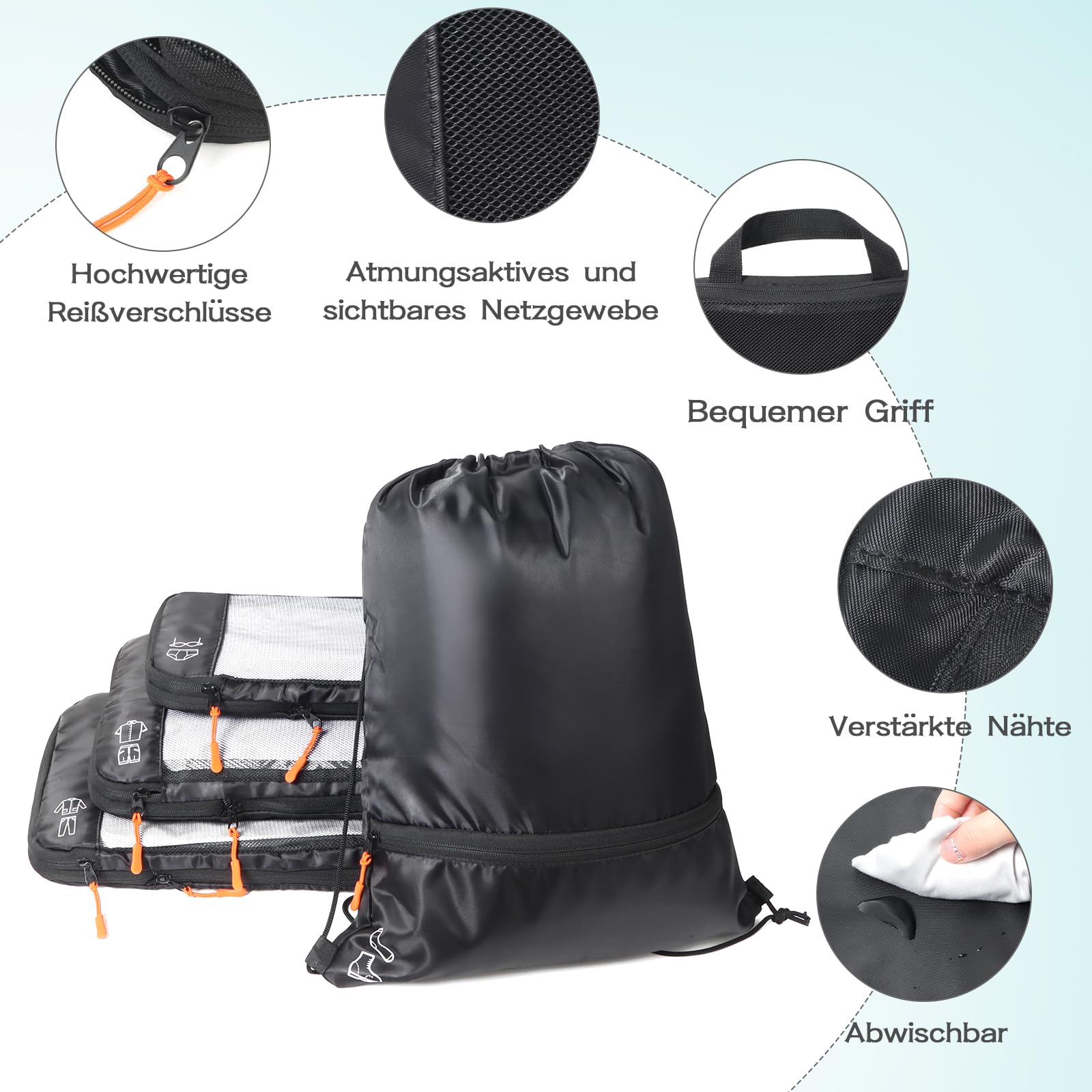 Svart dragsköpåse med tre packningsorganisatörer bakom, omgiven av detaljbilder.