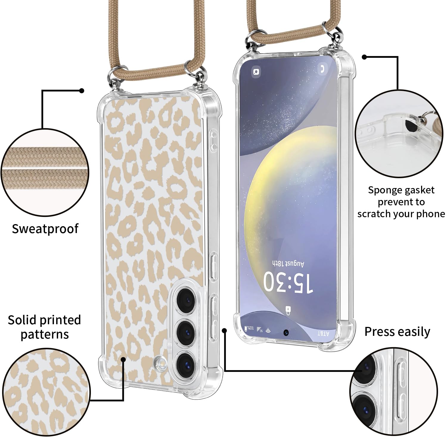 Transparenta mobilskal med bärrem, leopardmönster och utskärningar för kameror och knappar.