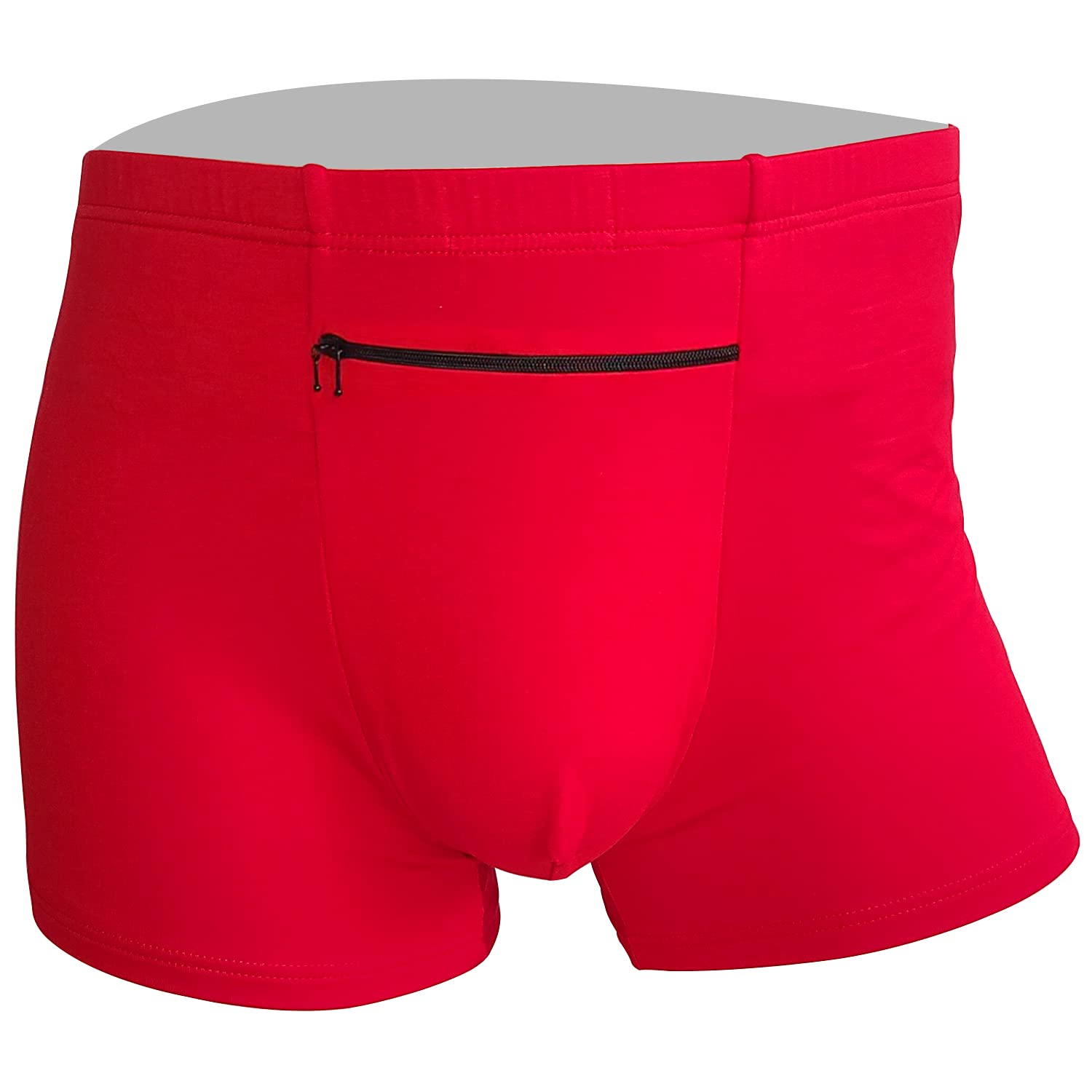 Röda boxershorts med svart dragkedja på framsidan.