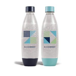 Två sodastream-kolsyreflaskor med mörkblå och turkos design.