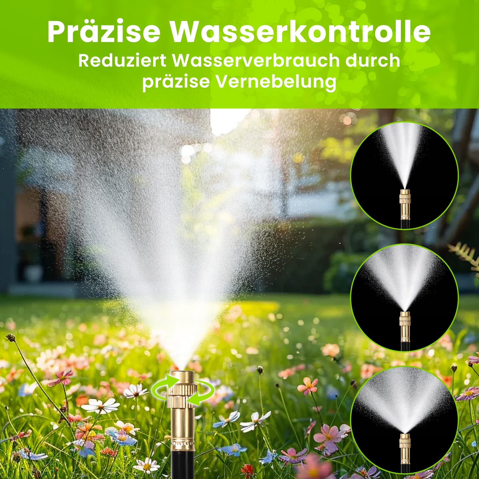 Mikrosprinkler som sprider vatten över en blommande trädgård, med tre justerbara sprutbilder.