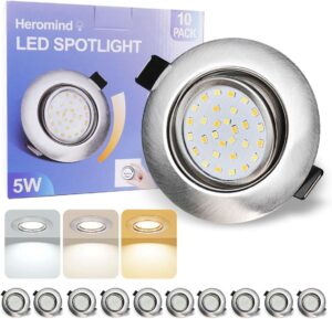 Infälld LED-spotlight i borstad metall med synlig LED-panel och förpackning för 10-pack.