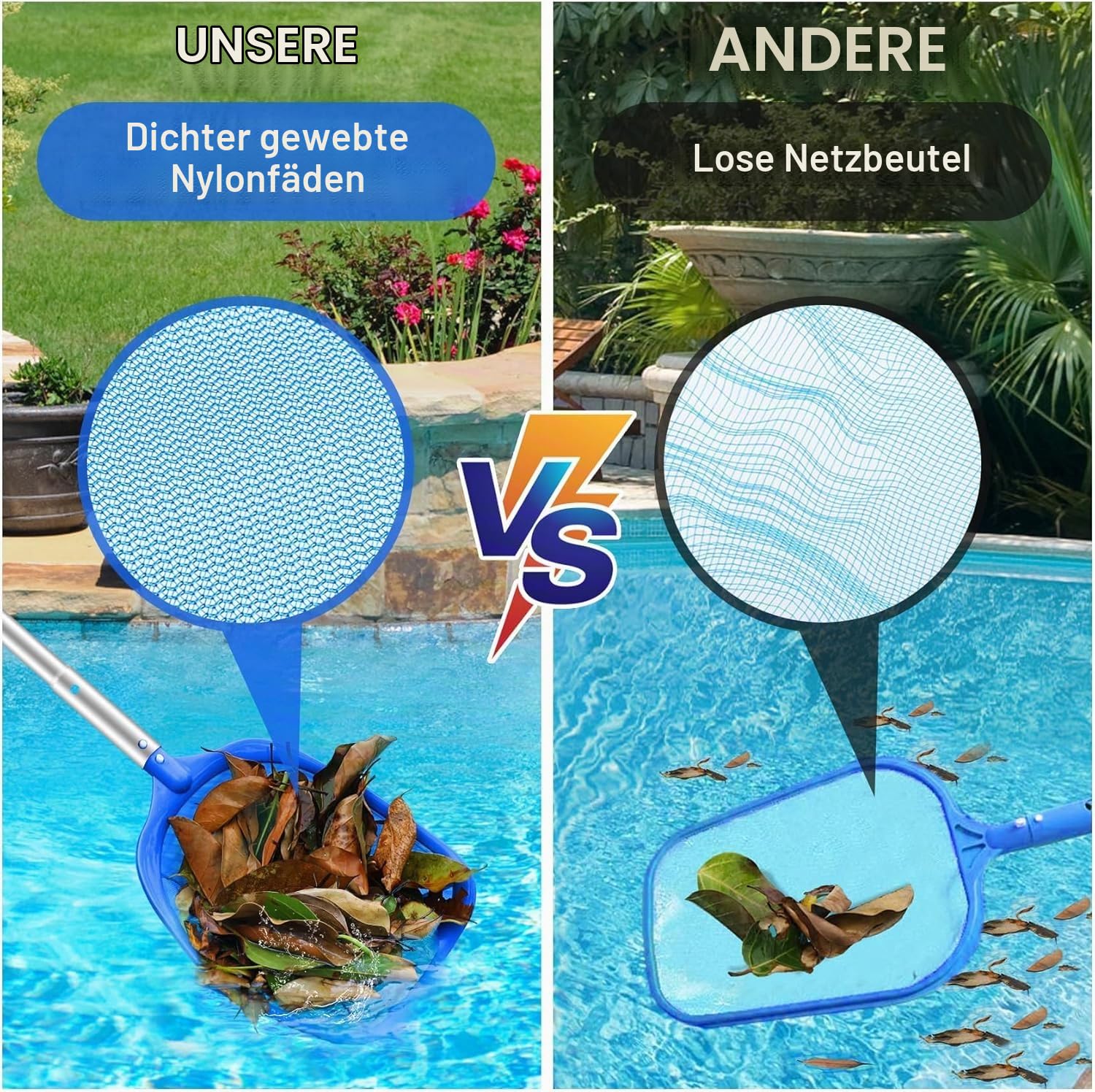 Jämförelse av två poolnäts tygstruktur och hur mycket löv de samlar upp.