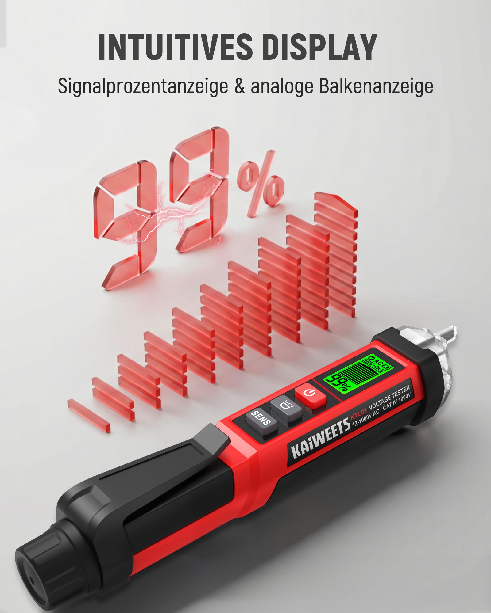 Spänningsprovare med LCD-display och röd stapelindikering, omgiven av röda procentsymboler.
