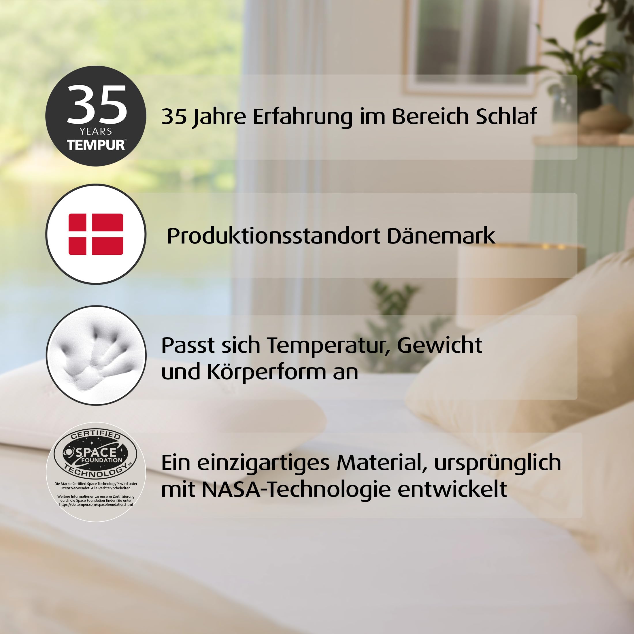 Infografik med TEMPURs fördelar och information om materialets egenskaper.