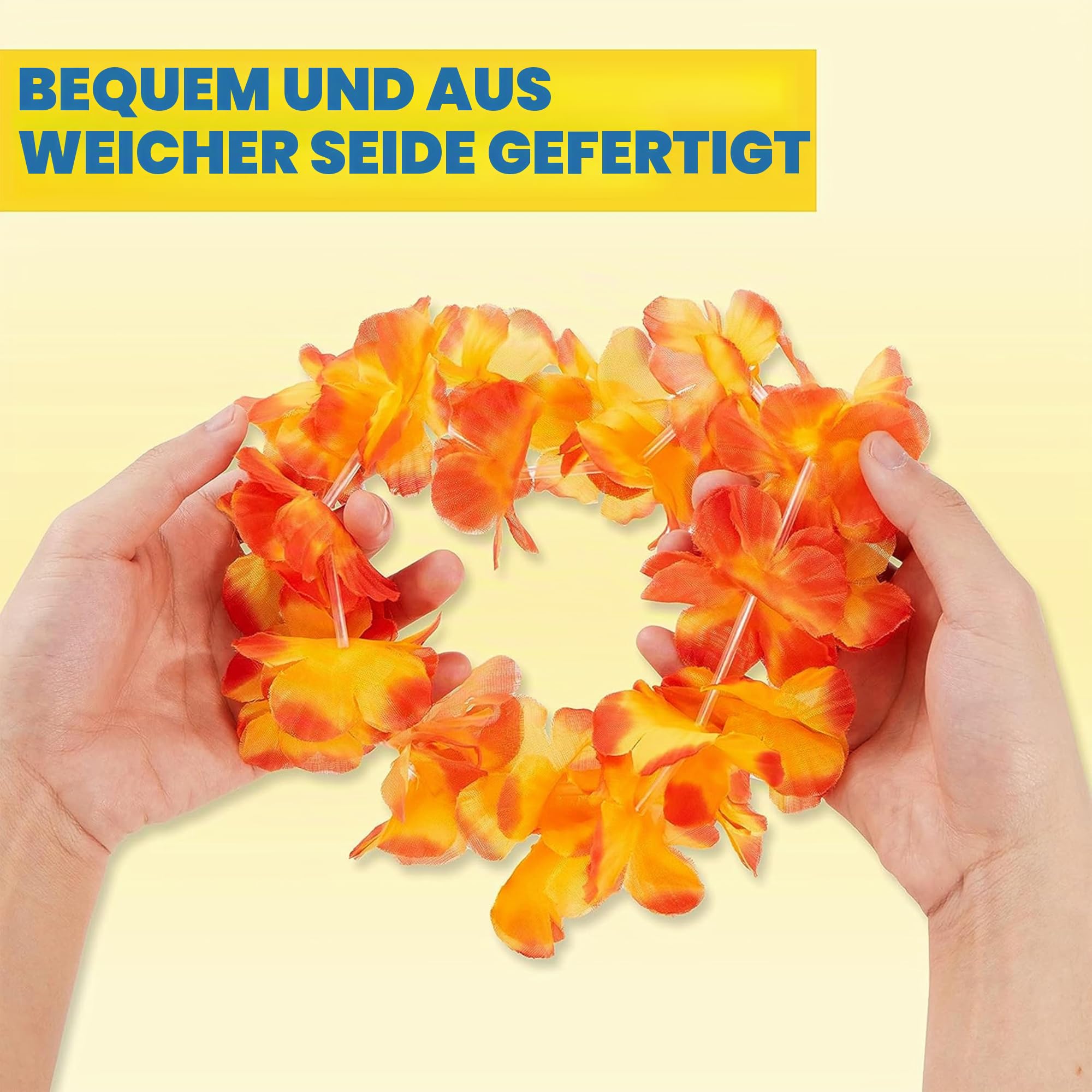 Hawaiiansk blomsterkrans i orange och gula toner hålls upp med båda händerna.