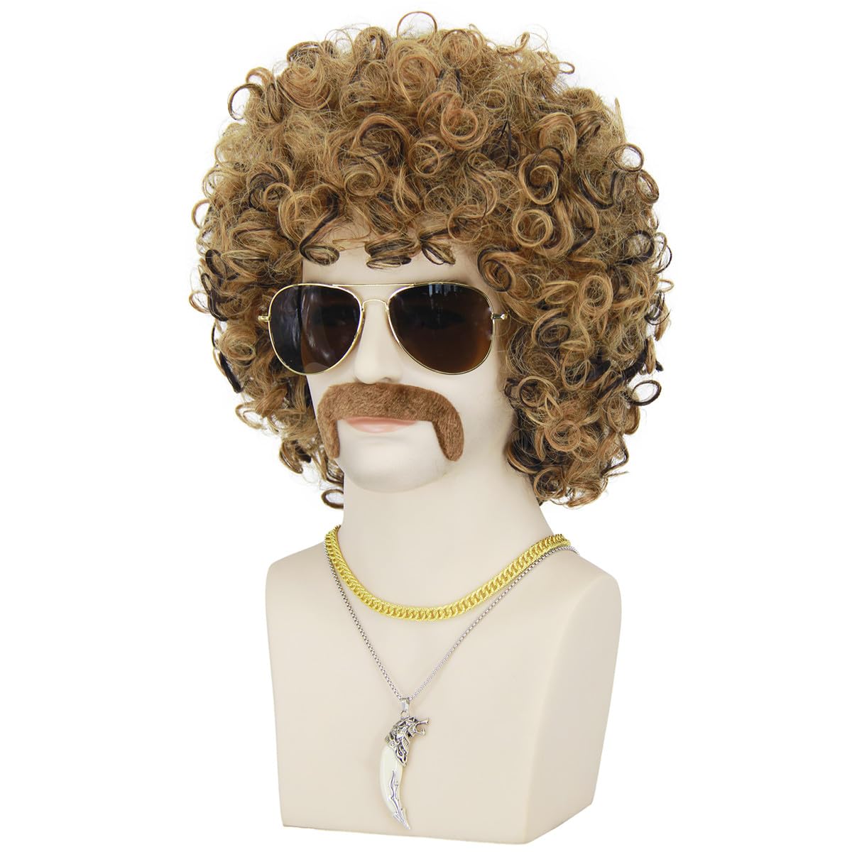 Mannekäng med lockig brunblond peruk, solglasögon, mustasch och halsband.