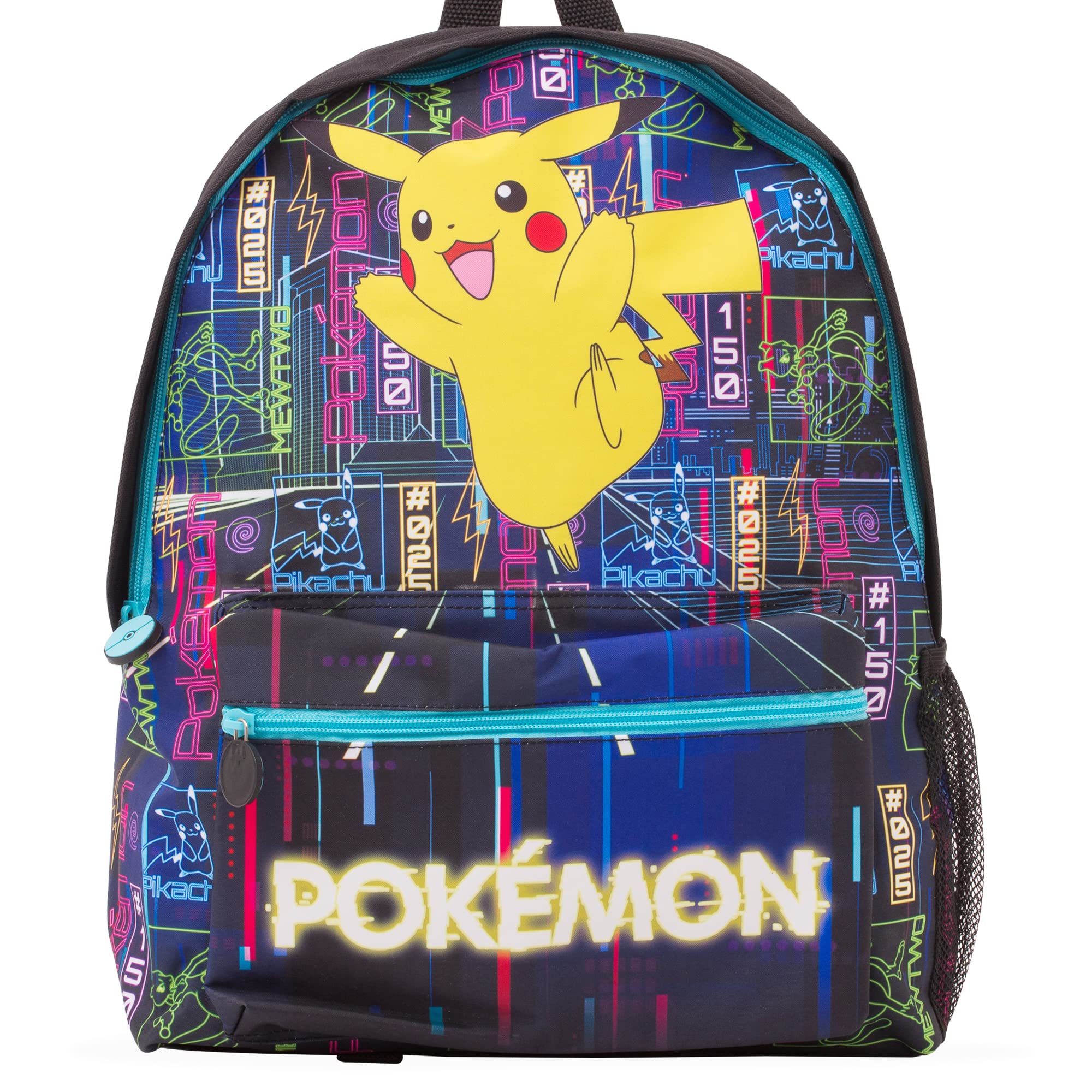 Ryggsäck med stort Pikachu-motiv och färgglatt Pokémon-mönster.