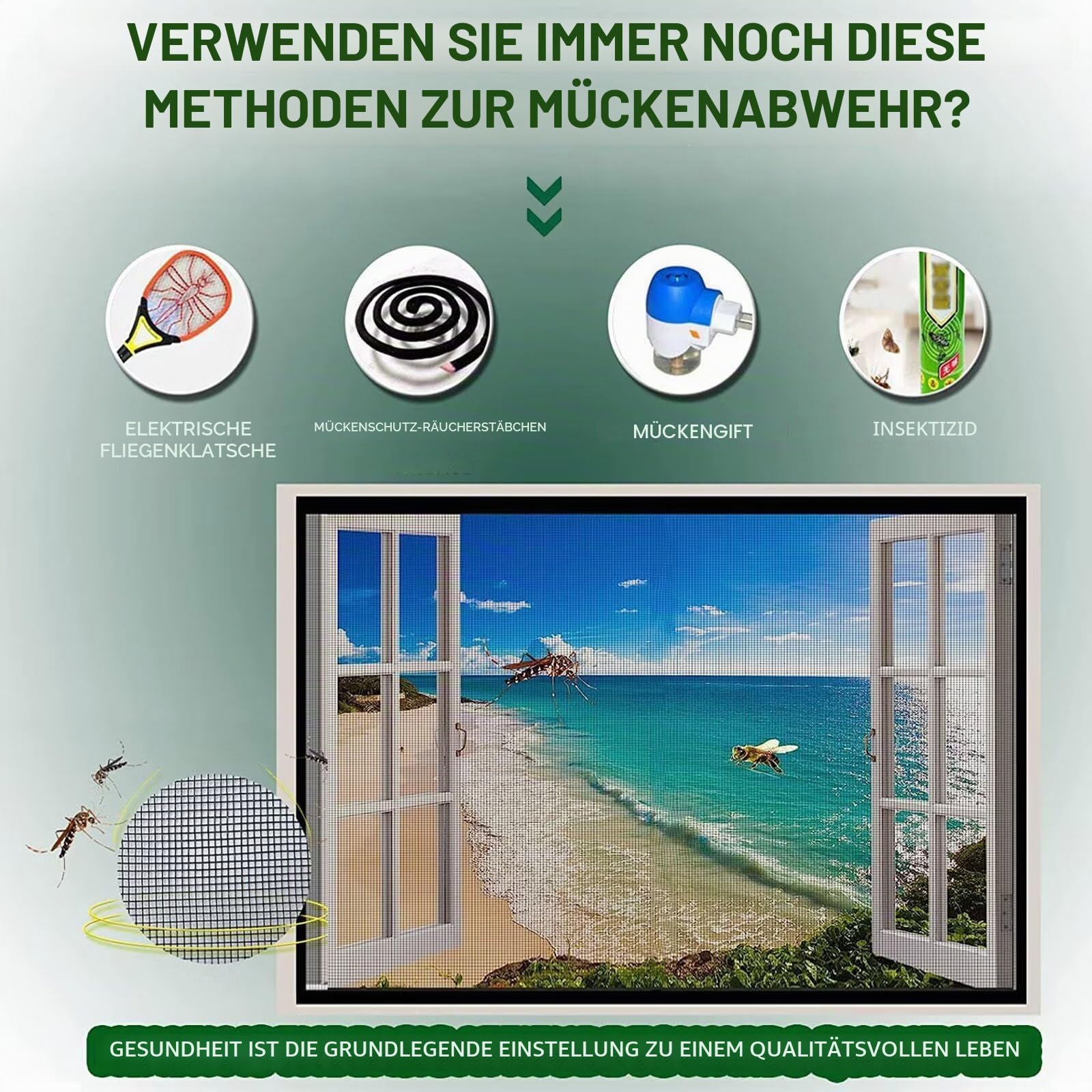 Insektsnät för balkongdörr med strandmotiv och illustrerade insekter som hålls ute