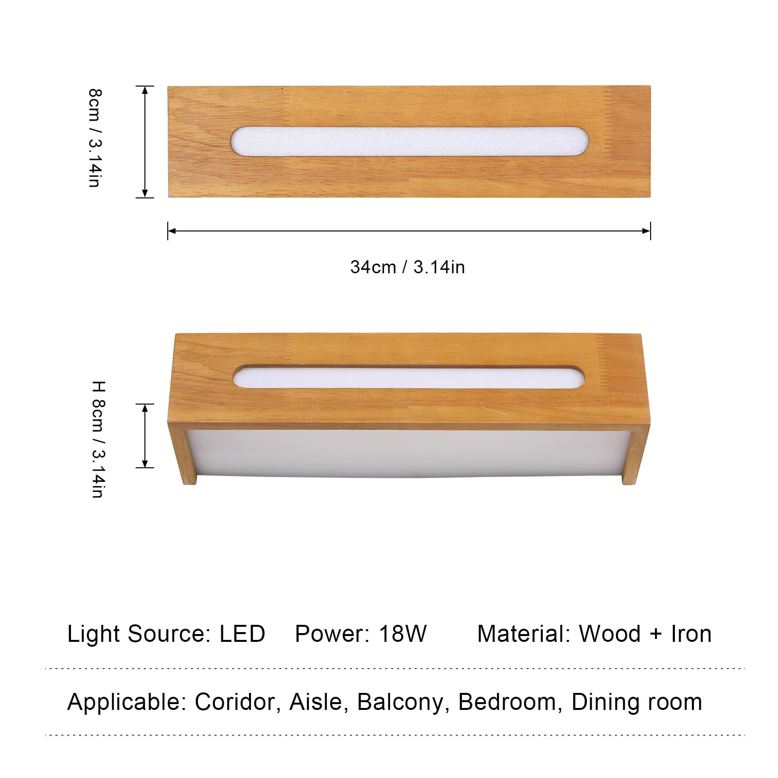 LED-vägglampa i trä och metall, visad framifrån och ovanifrån med måttangivelser.