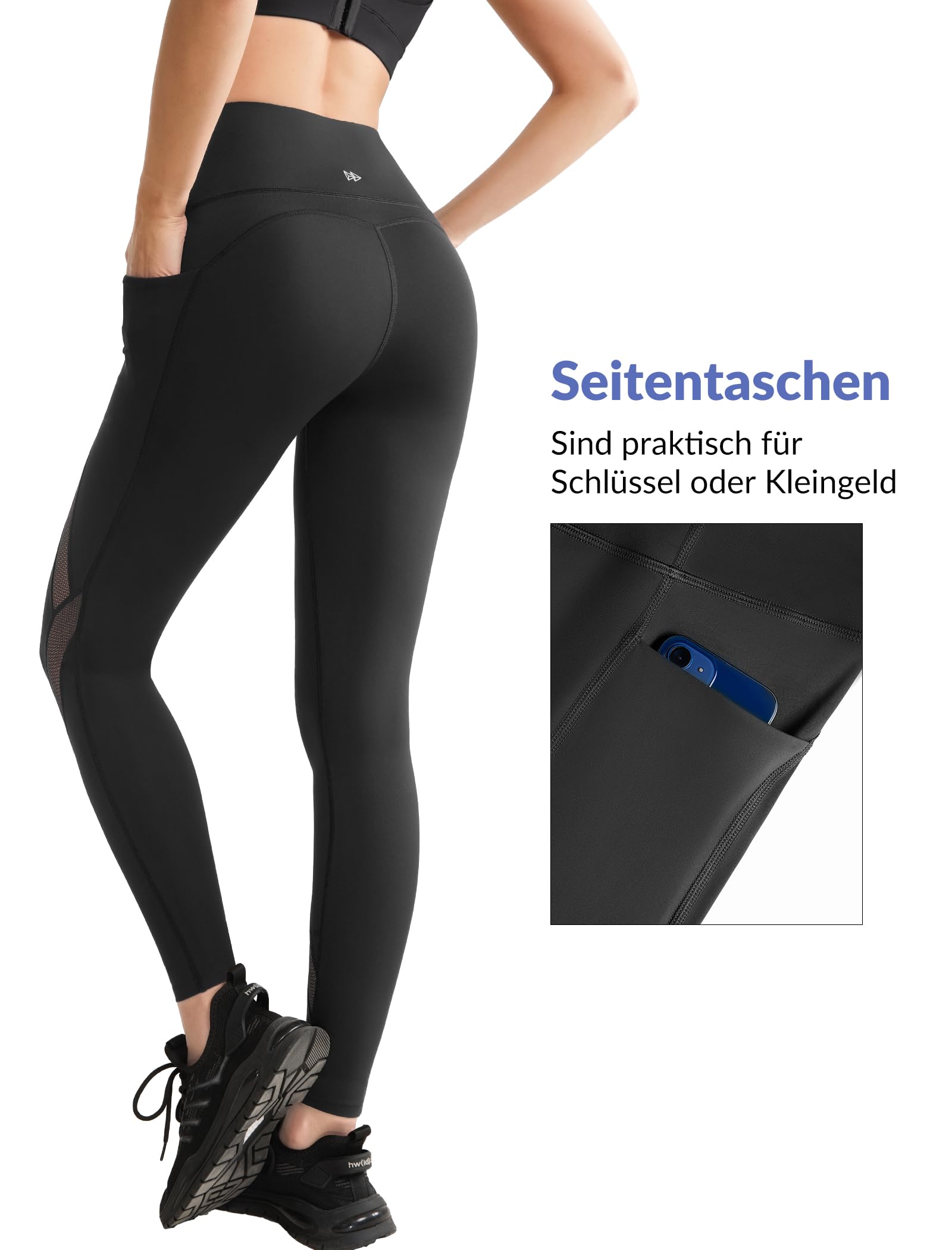 Svarta träningsleggings bakifrån med sidoficka och hög midja.