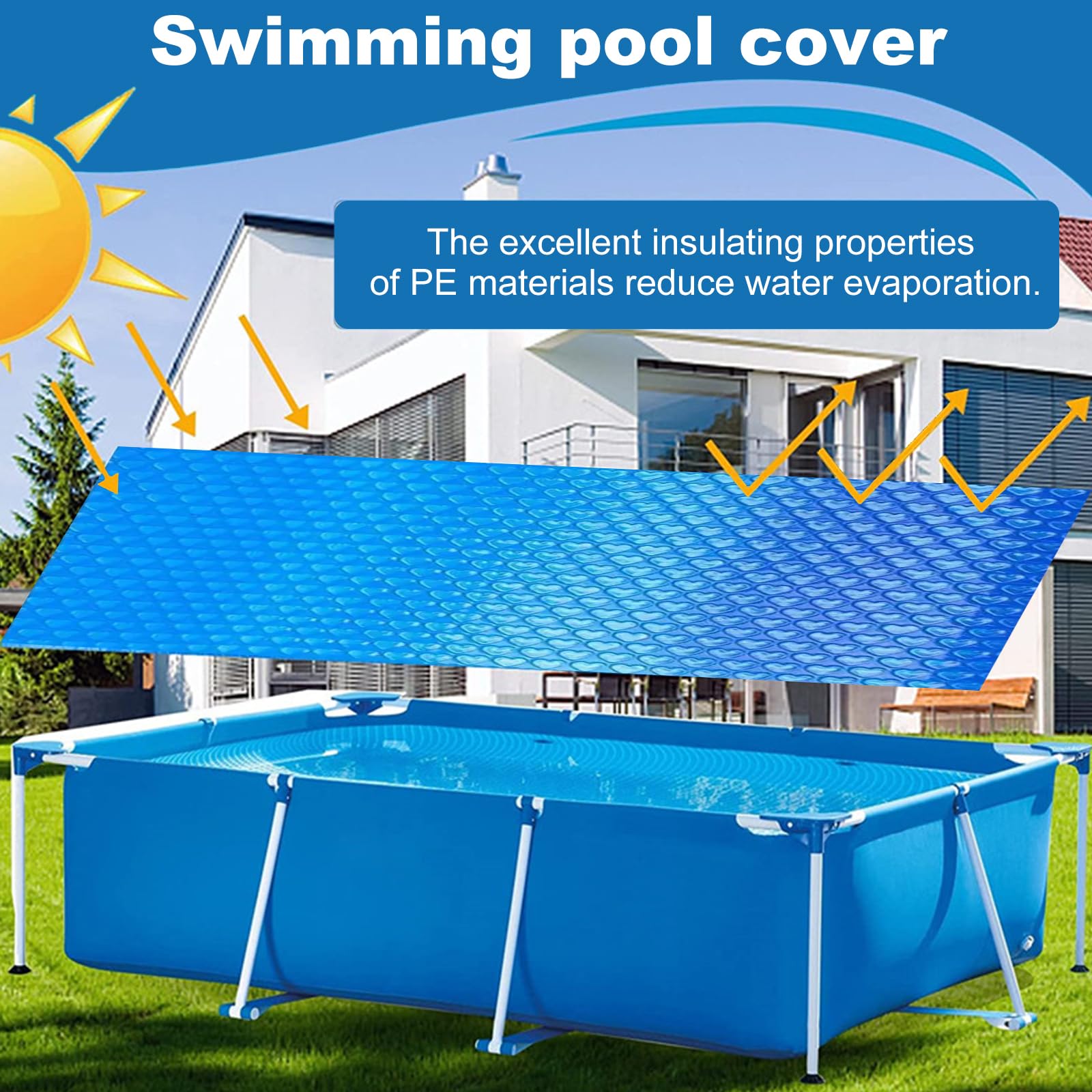 Blått poolöverdrag med bubbelmönster, avbildat ovanför en rektangulär pool.