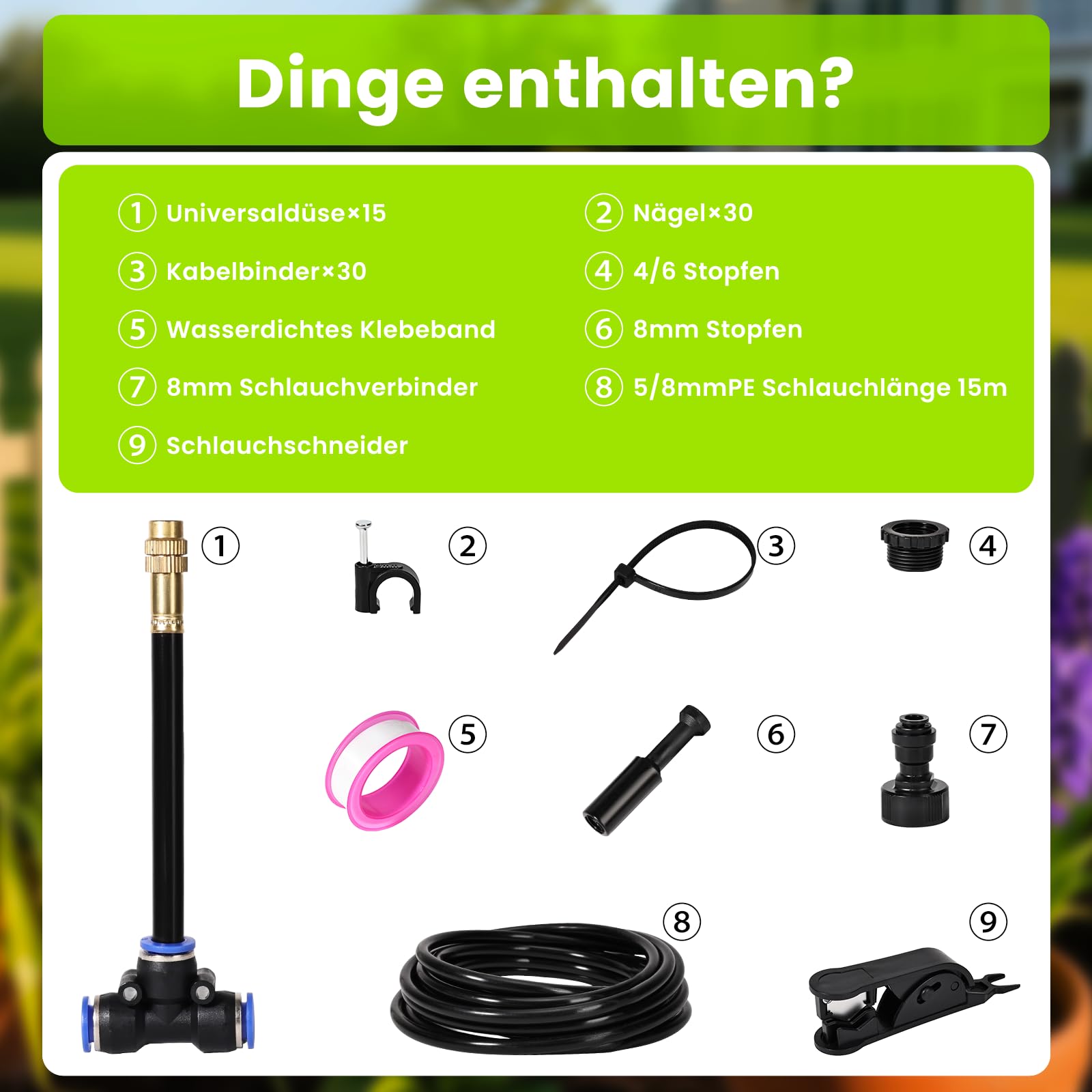 Delar i mikrosprinklersystemet med slang, munstycken, kopplingar, buntband och slangklippare.