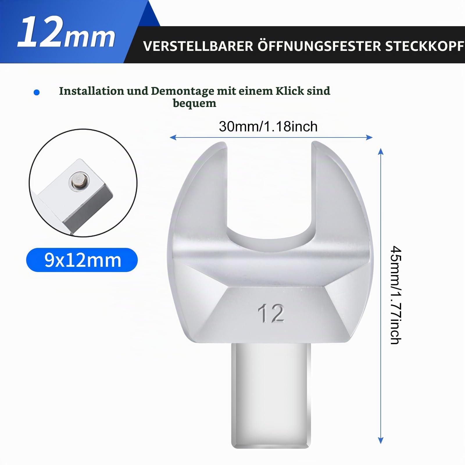 Silverfärgat 12 mm gaffelhuvud med fyrkantigt fäste och måttangivelser.