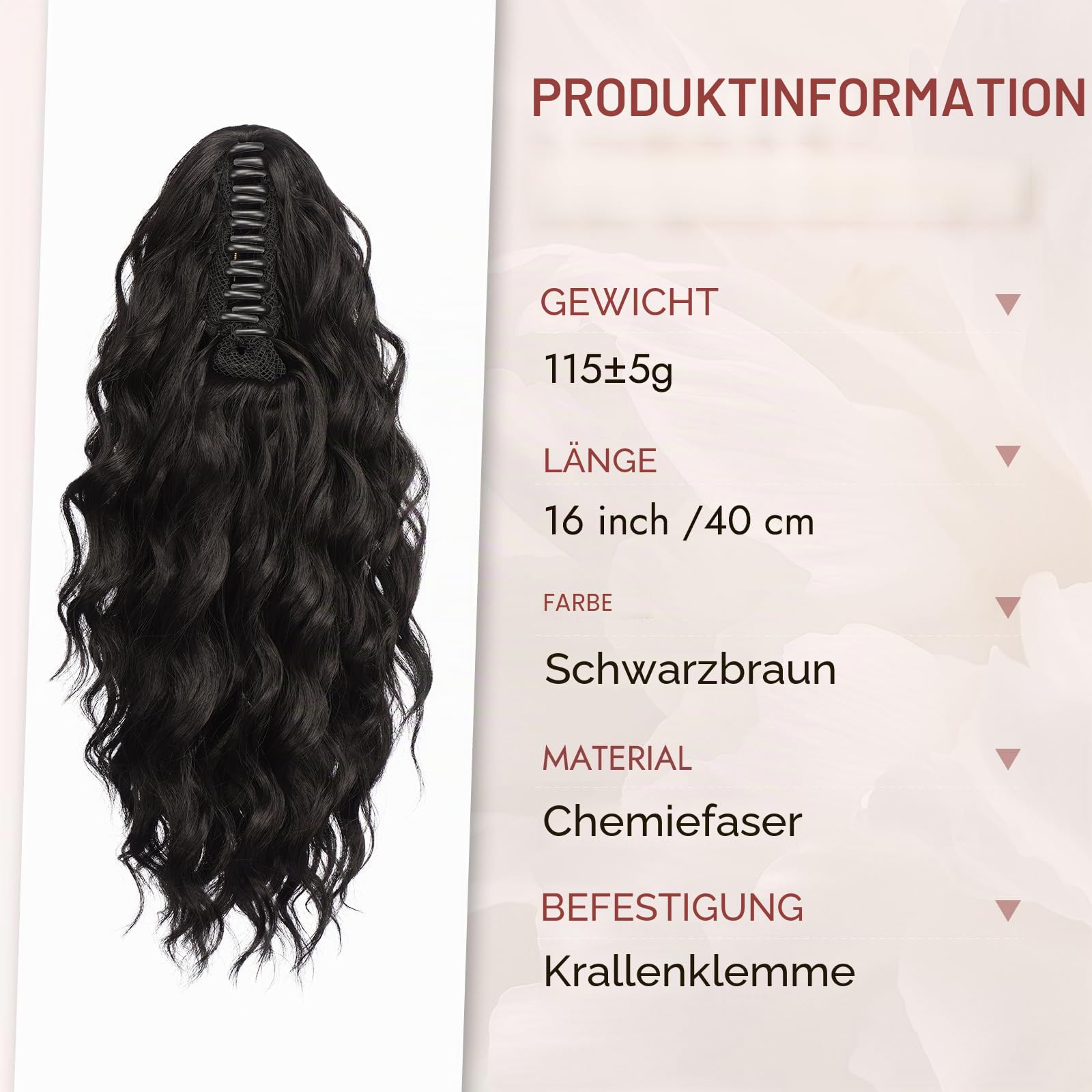Lockigt mörkbrunt hårstycke med synlig kam och klämfäste, bredvid produktinformation.