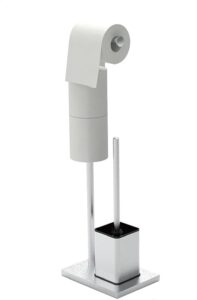 Fristående hållare för toalettpapper med toalettborste på en gemensam fot.