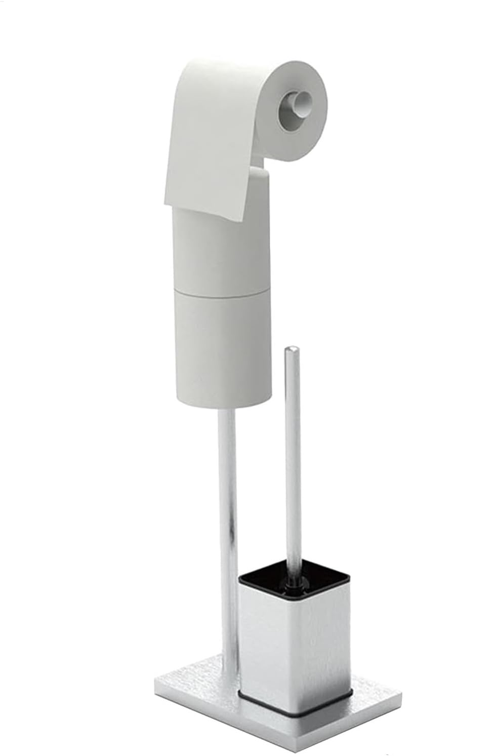 Fristående hållare för toalettpapper med toalettborste på en gemensam fot.