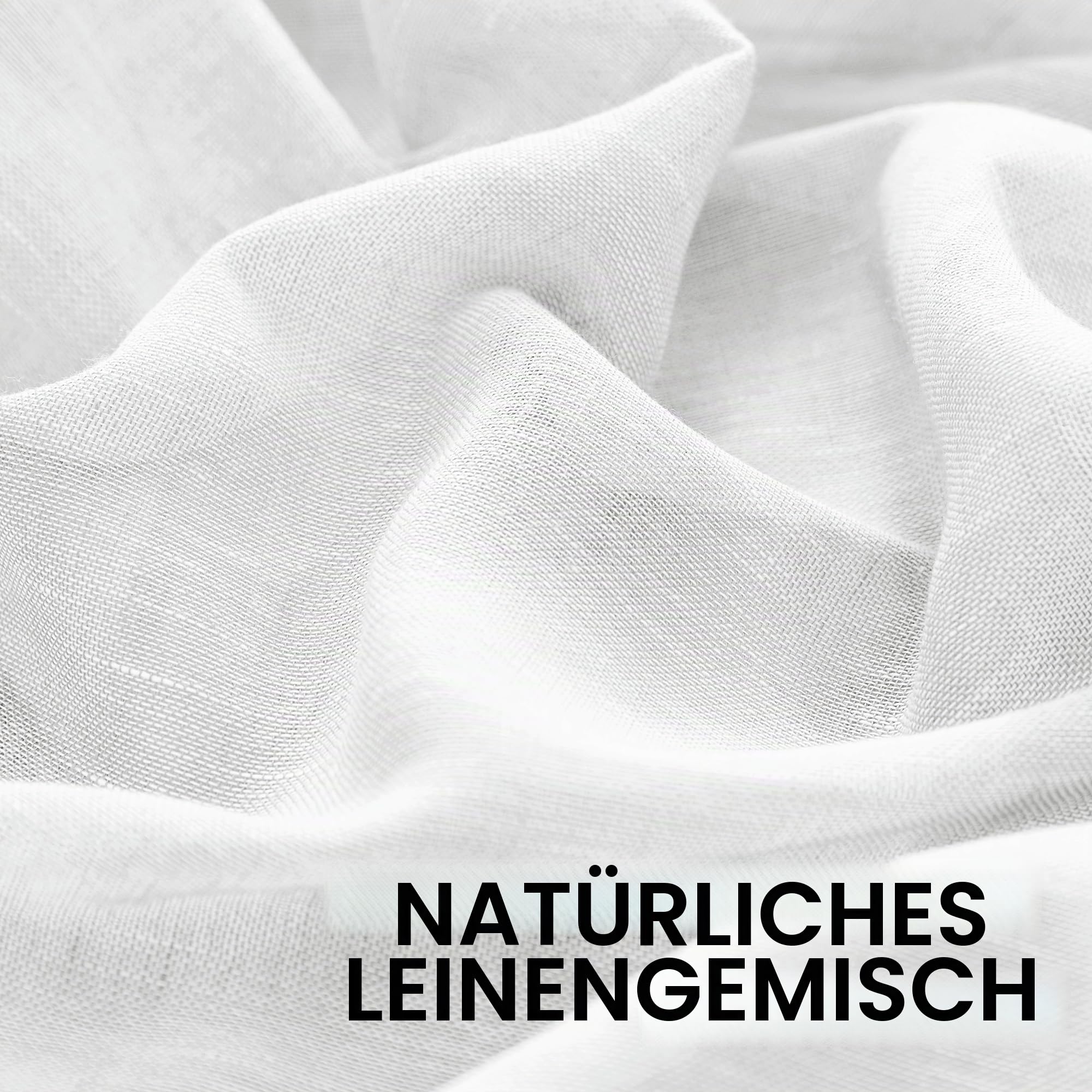 Närbild av vit, halvtransparent linneliknande väv med texten ”NATÜRLICHES LEINENGEMISCH”.