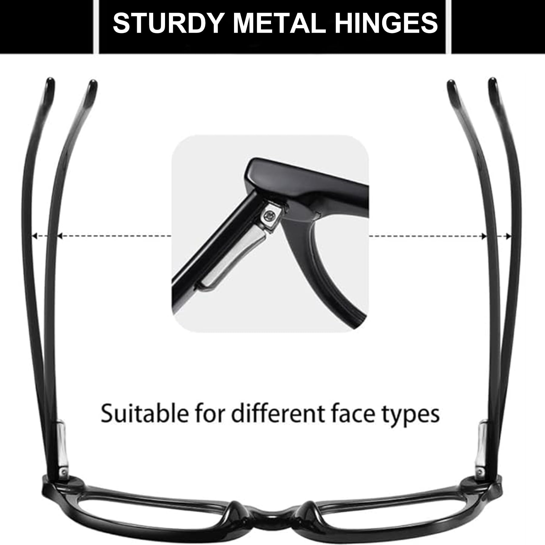 Närbild av svarta glasögonbågar med robusta metallgångjärn och uppfällda skalmar.