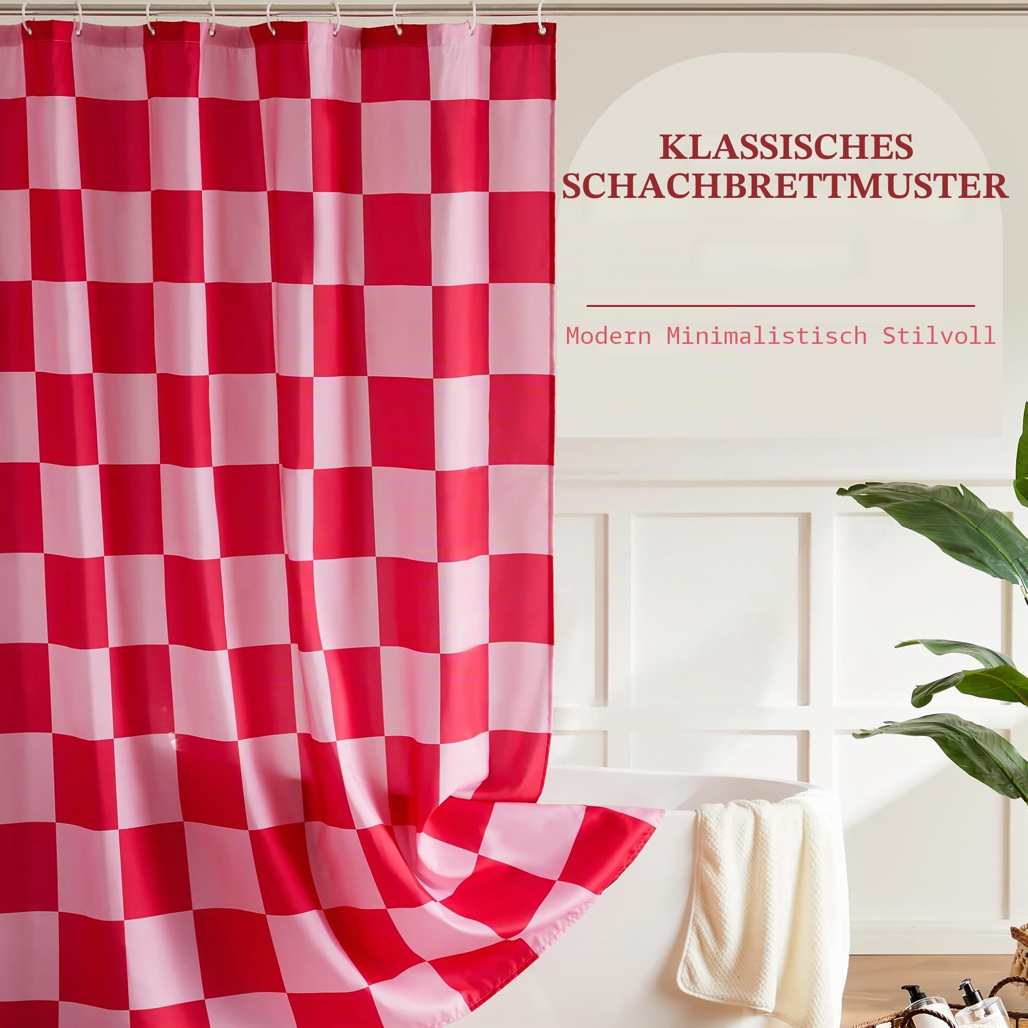 Rosa och röd rutig duschdraperi i ett ljust badrum.