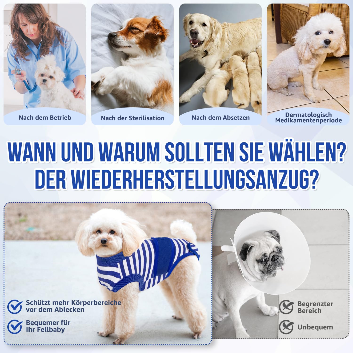 Informationsbild med hund i blå- och vitrandig eftervårdsdräkt samt jämförelse med krage.