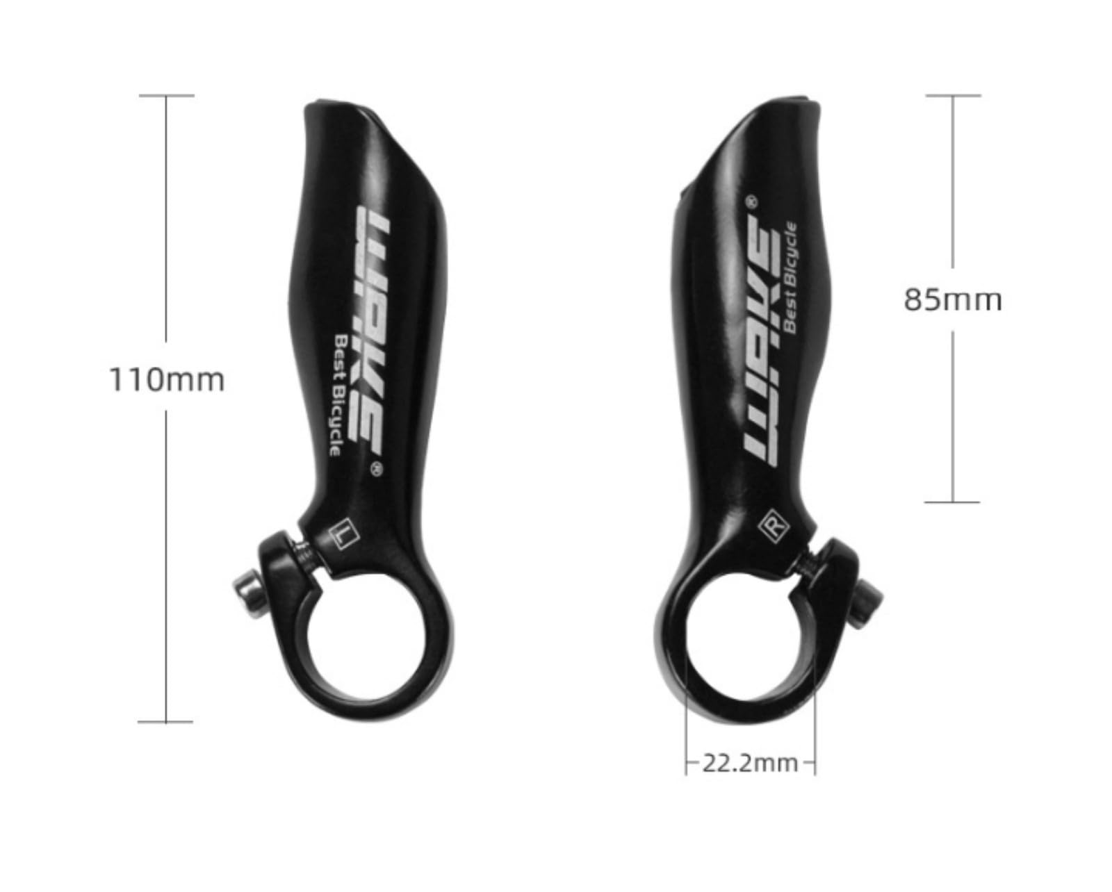 Svarta ergonomiska styrändar med måttangivelser på 110 mm, 85 mm och 22,2 mm.