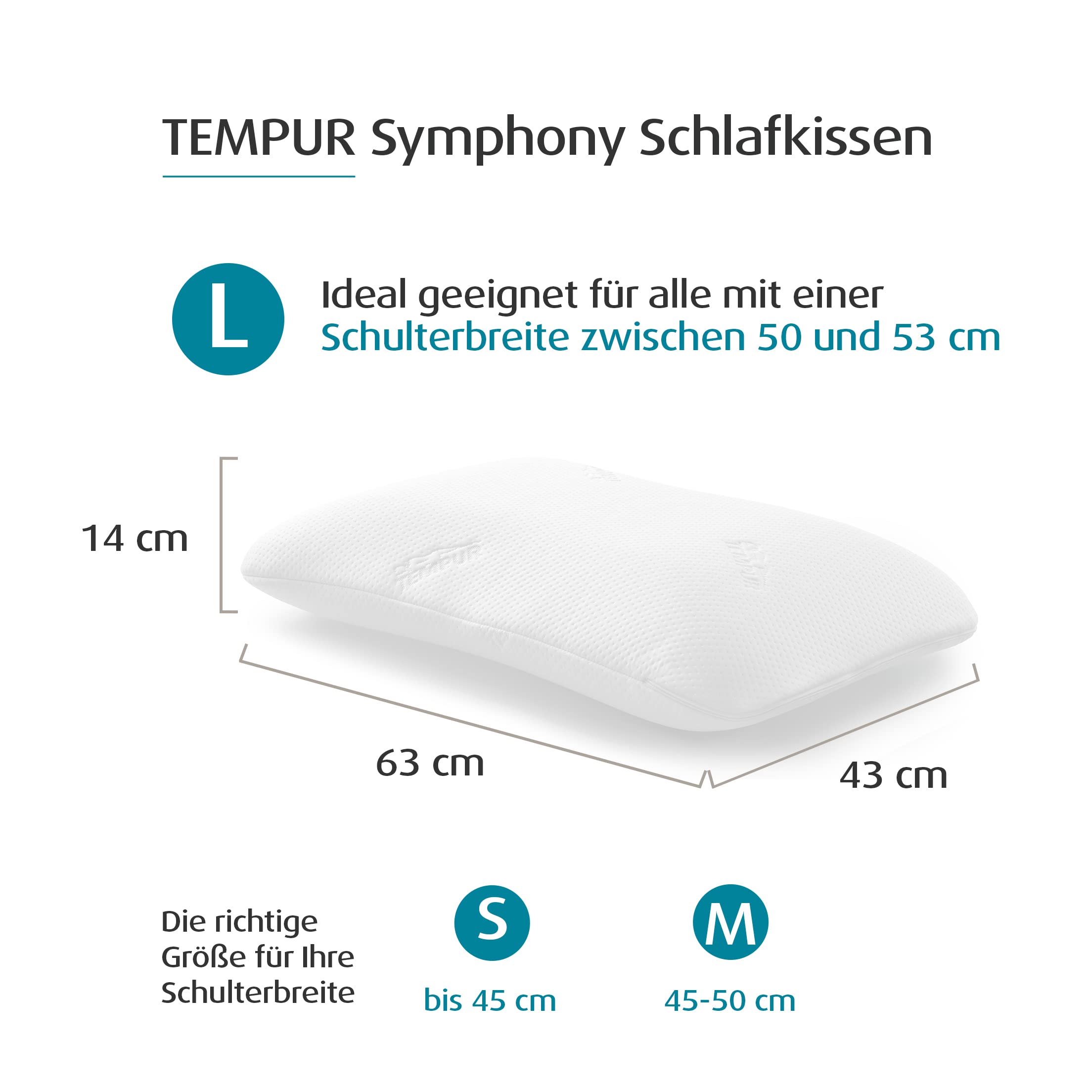 Vit ergonomisk kudde med måttangivelserna 63 × 43 × 14 cm.