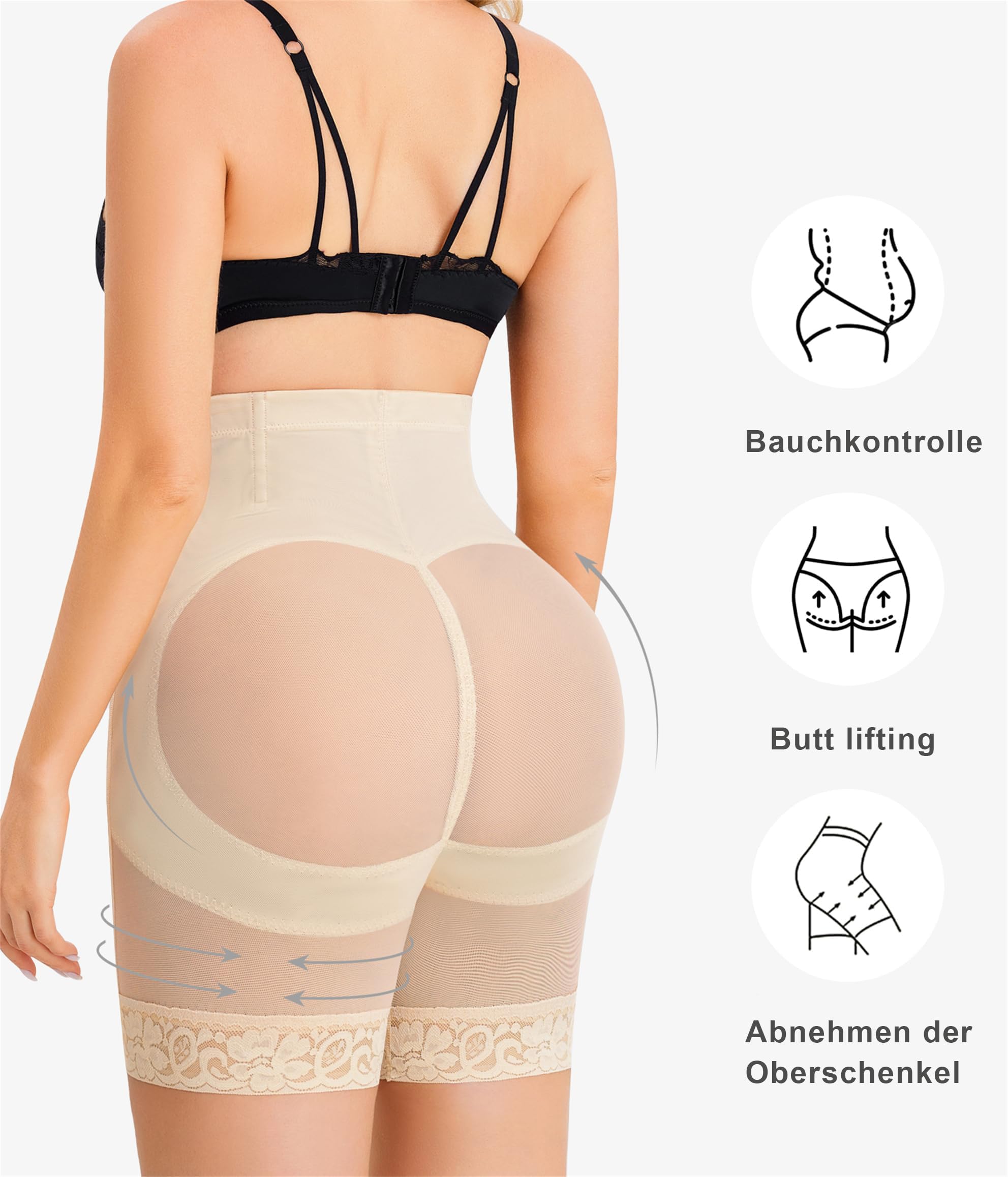 Beige figurformande shorts med hög midja, sedda bakifrån med markerade lårband.