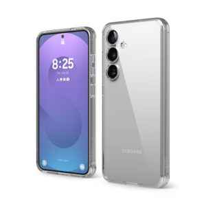 Genomskinligt mobilskal för Samsung Galaxy S25, fram- och baksida visas.