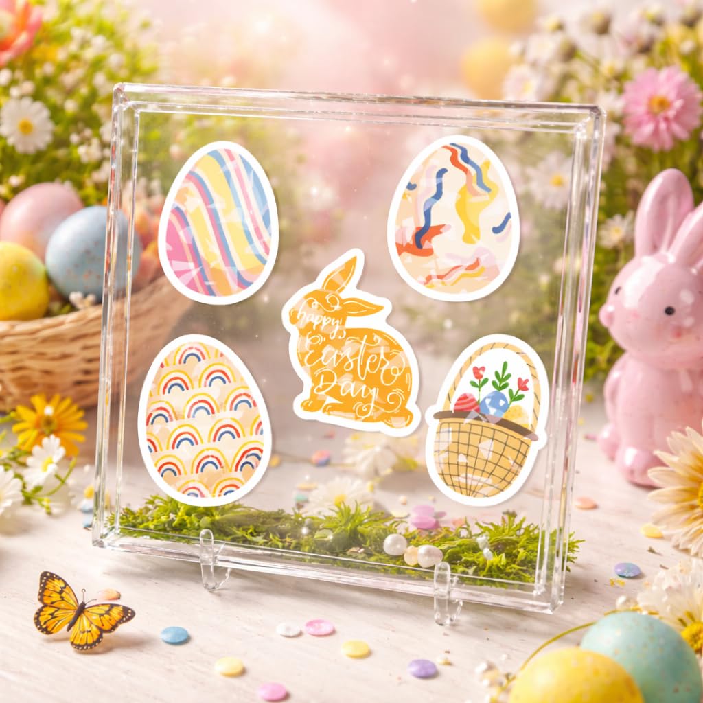 Fem påskklistermärken med äggmotiv, kanin och korg med blommor i transparent ställ.