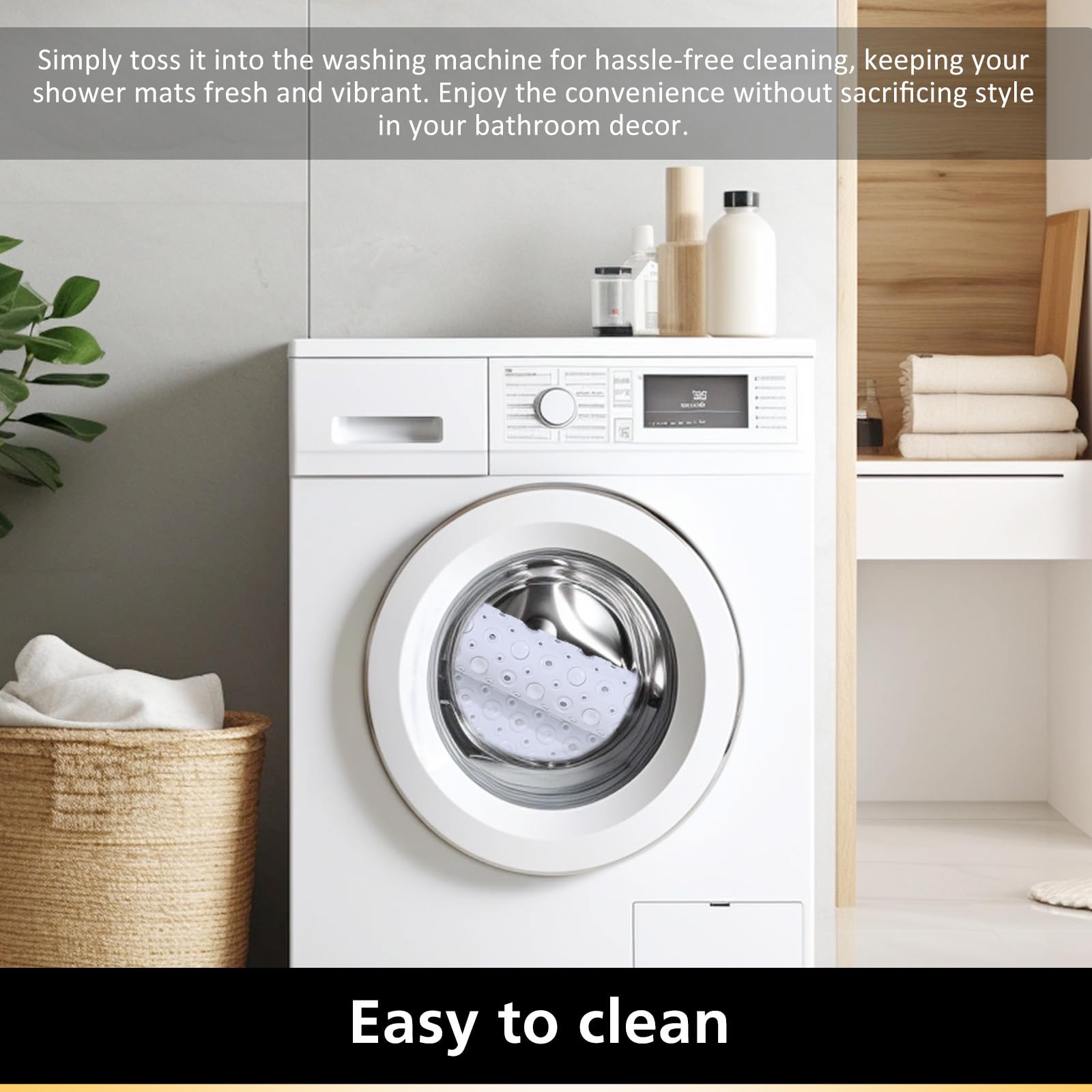 Vit tvättmaskin med badrumstillbehör och texten ”Easy to clean”.