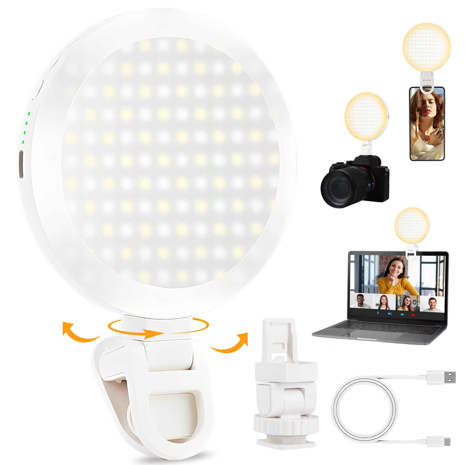Vit selfielampa med klämfäste, USB-kabel och exempel på användning med kamera, smartphone och laptop.