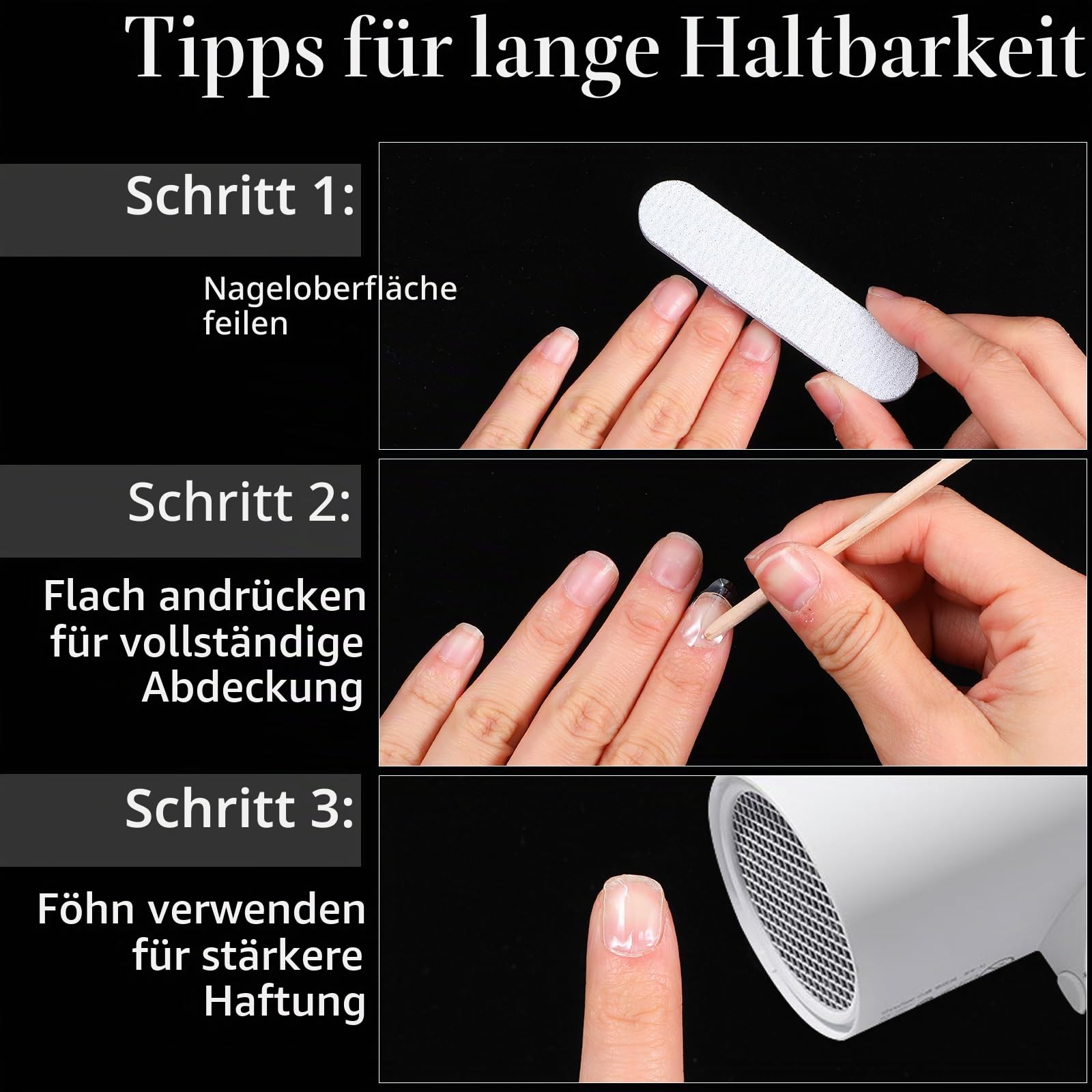 Illustration som visar tre steg för att applicera nagelklistermärken och förbättra hållbarheten.