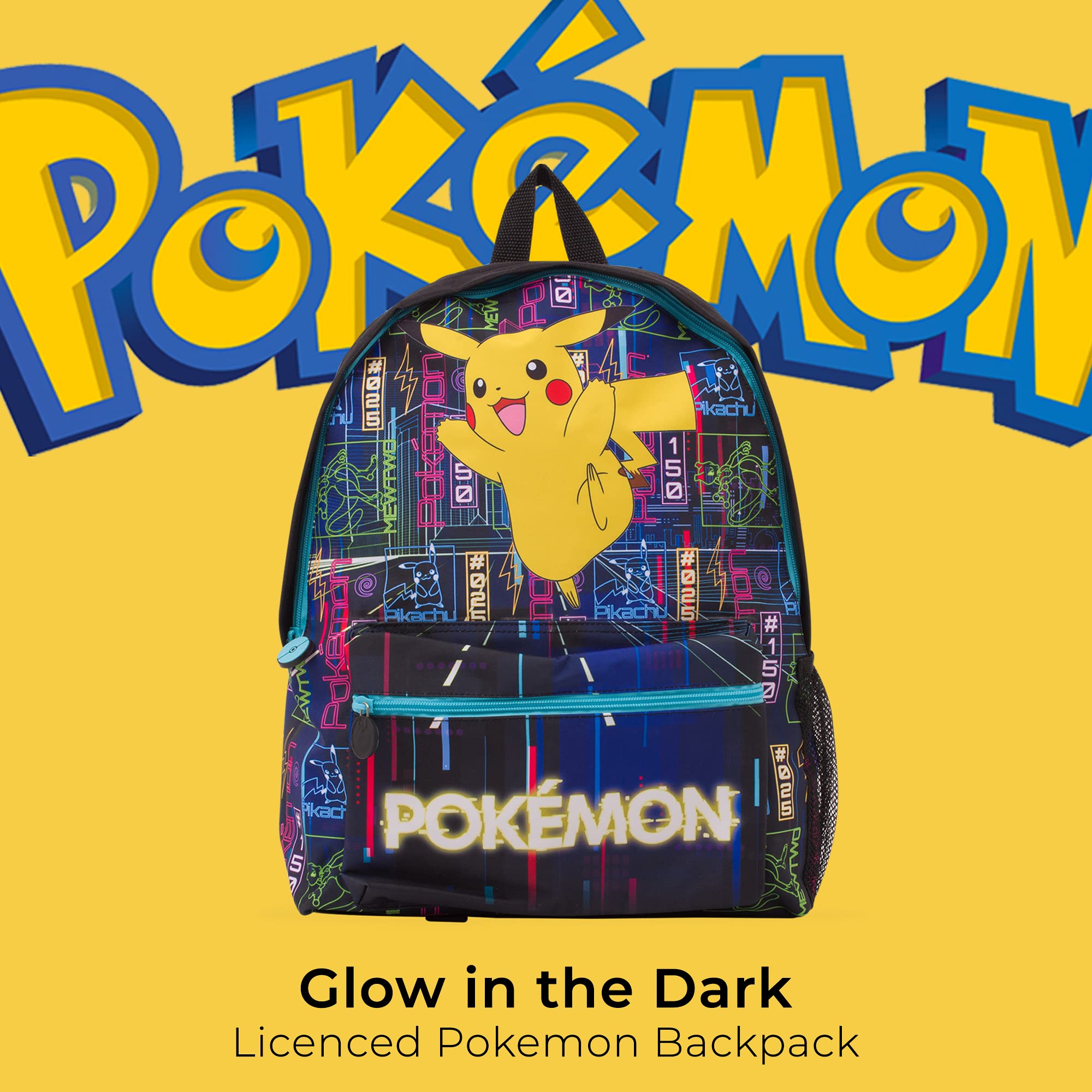 Svart Pokémon-ryggsäck med Pikachu och färgglatt grafiskt mönster.