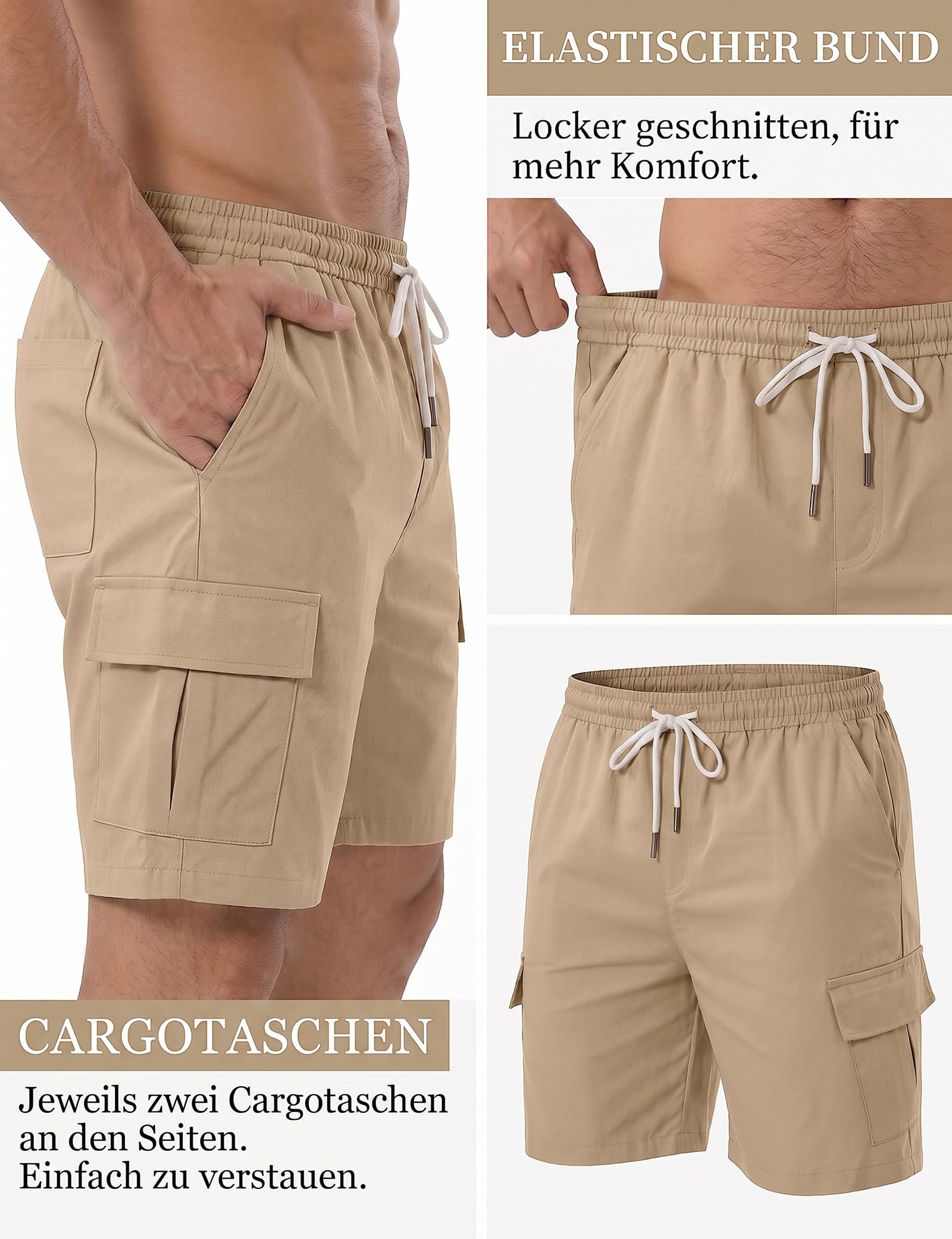 Khakifärgade cargoshorts med elastisk midja, dragsko och sidofickor.