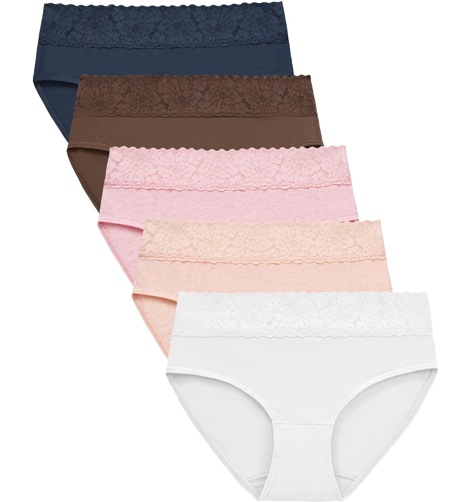Fem spetsdekorerade trosor i mörkblått, brunt, rosa, beige och vitt.