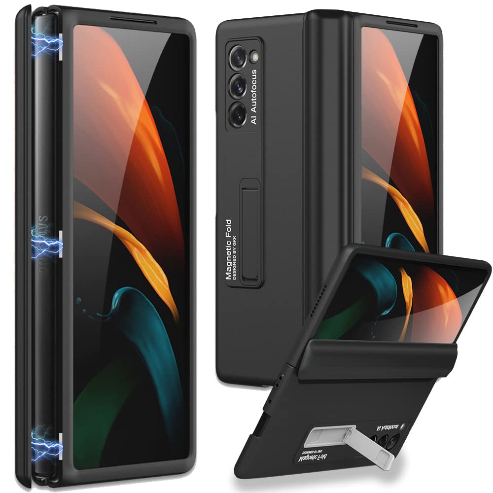 Svart magnetiskt fodral för Galaxy Z Fold 2 visas stängt, öppet och med utfällbart stöd.
