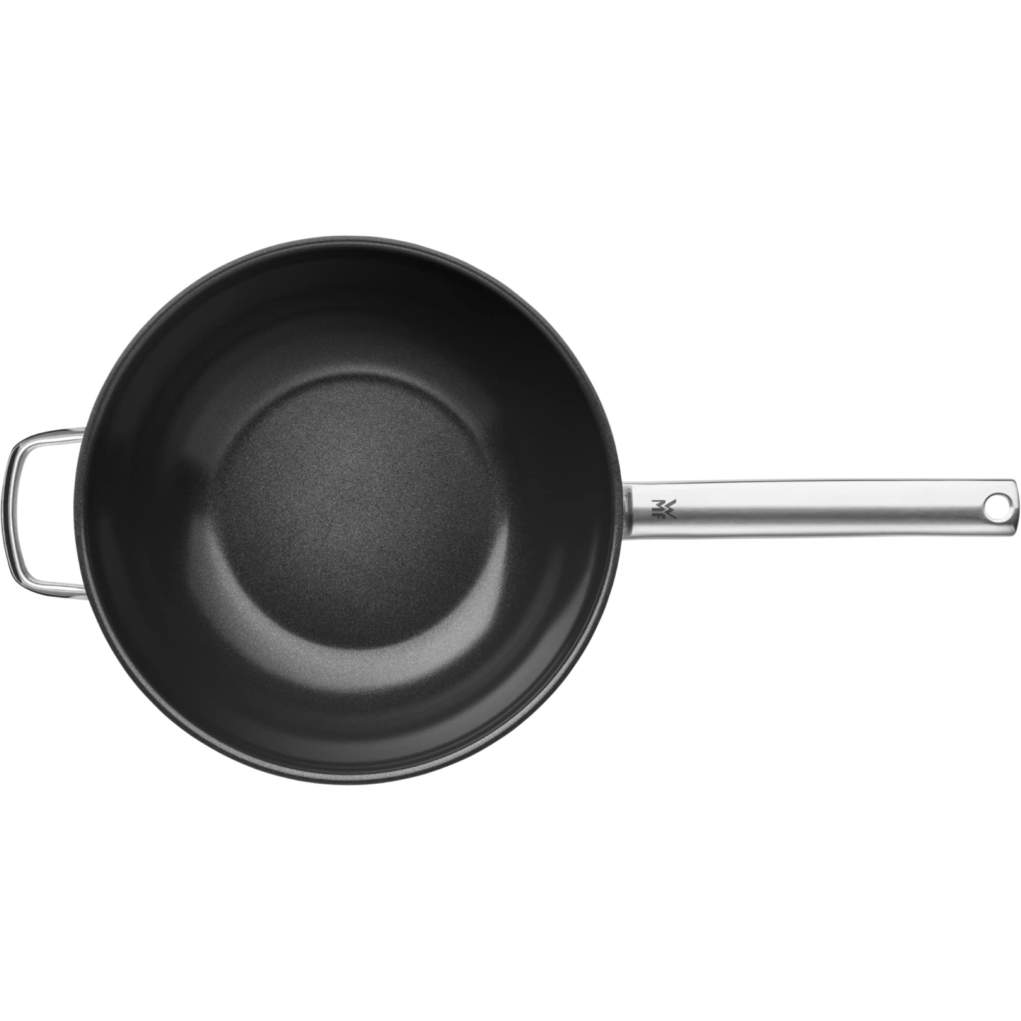 Svart wokpanna s långt handtag och extra grepphandtag, sedd ovanifrån.