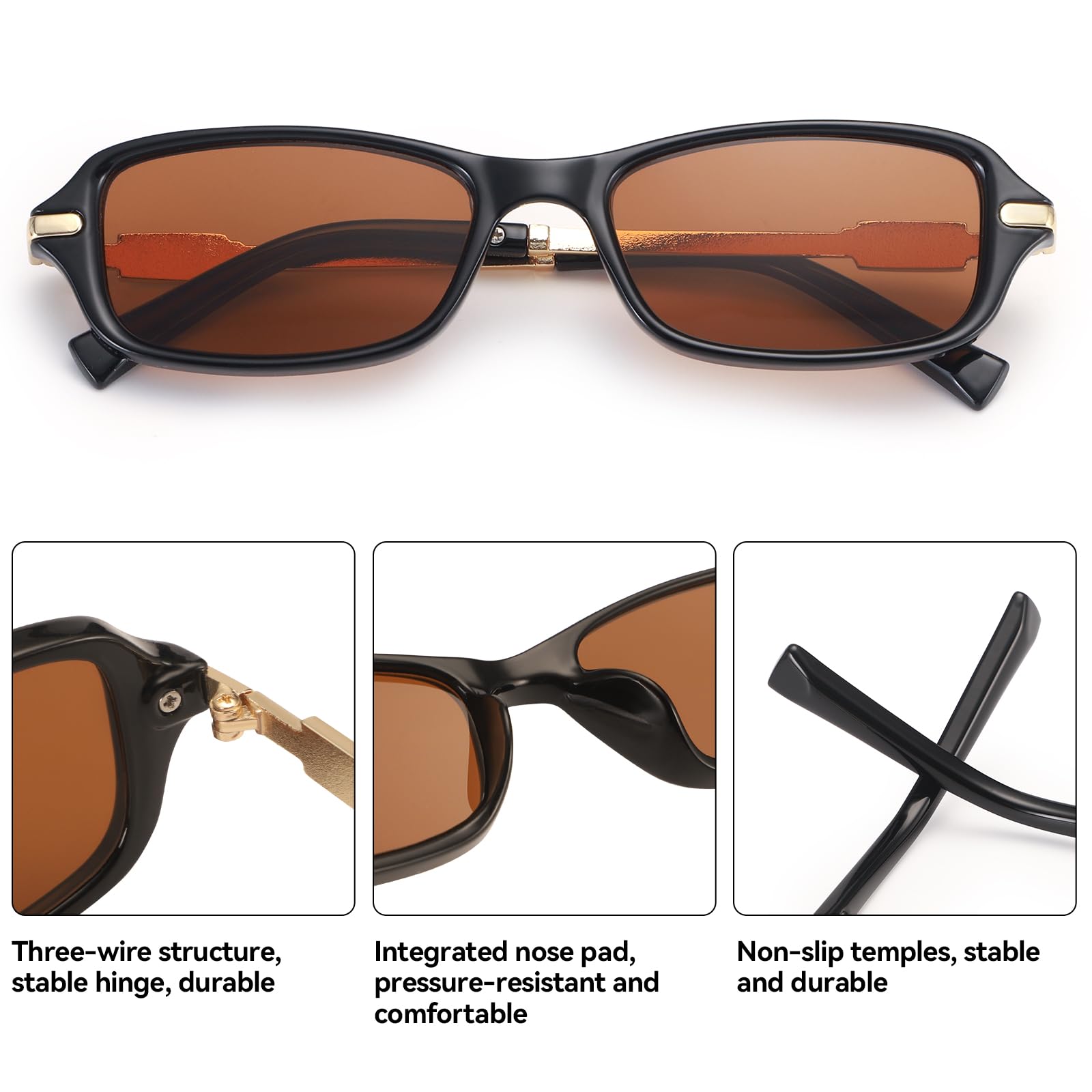 Svarta rektangulära solglasögon med bruna tonade glas och guldfärgade detaljer.
