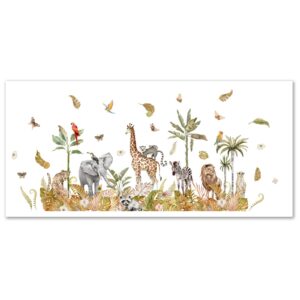 Illustrerad djungelscen med giraff, elefant, zebra, lejon, apor, fåglar och tropiska växter.