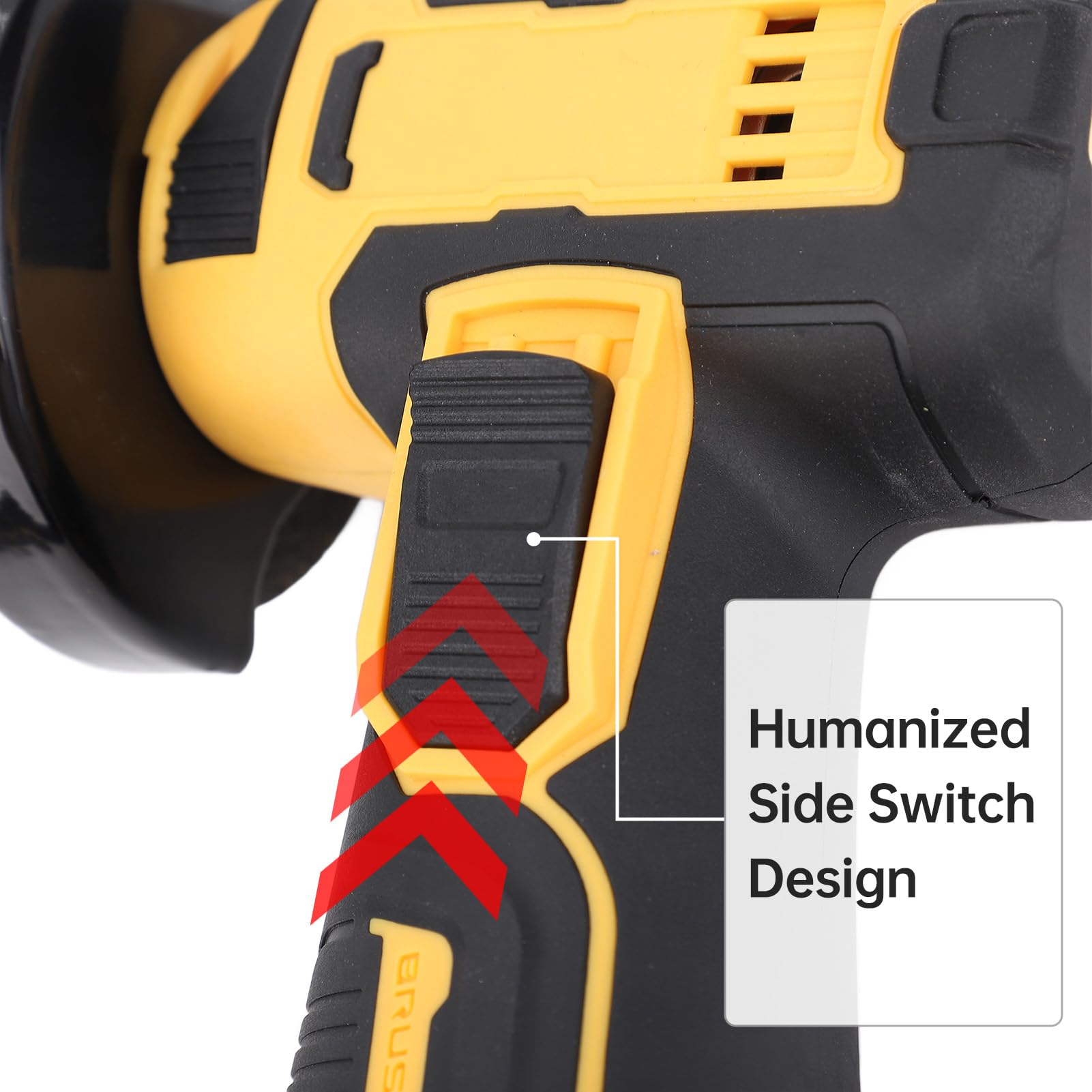 Närbild av vinkelslipens sidobrytare med texten ”Humanized Side Switch Design”.
