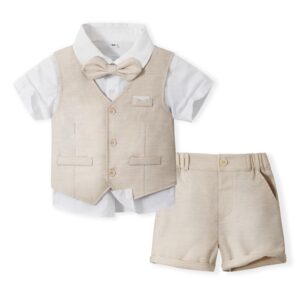 Beige kostymset för barn med vit skjorta, väst, fluga och shorts