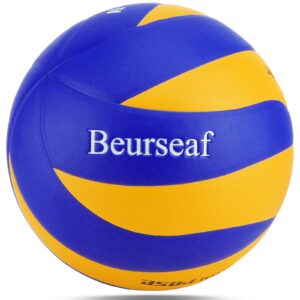 Blå och gul volleyboll med Beurseaf-logotyp.