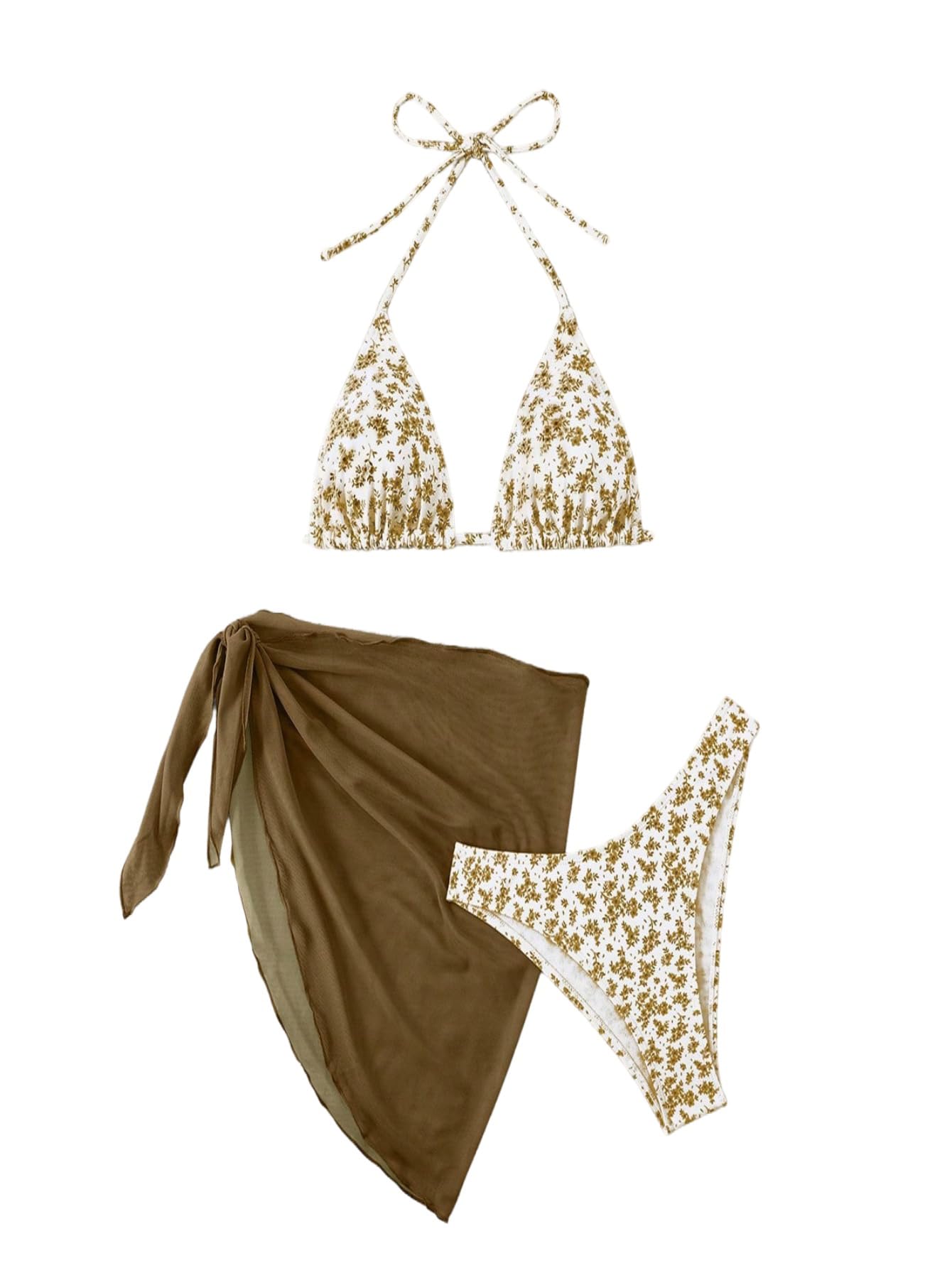 Tredelad bikini med blommigt mönster och brun omlottkjol, liggande mot vit bakgrund.