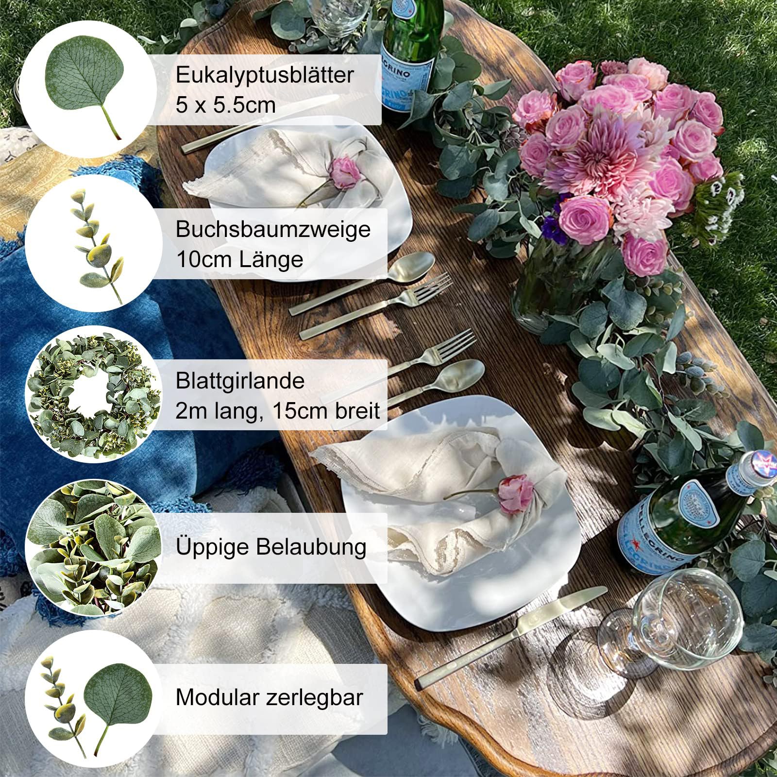 Eukalyptusgirlang med naturtrogna blad på ett dukat festbord med blommor och glas.