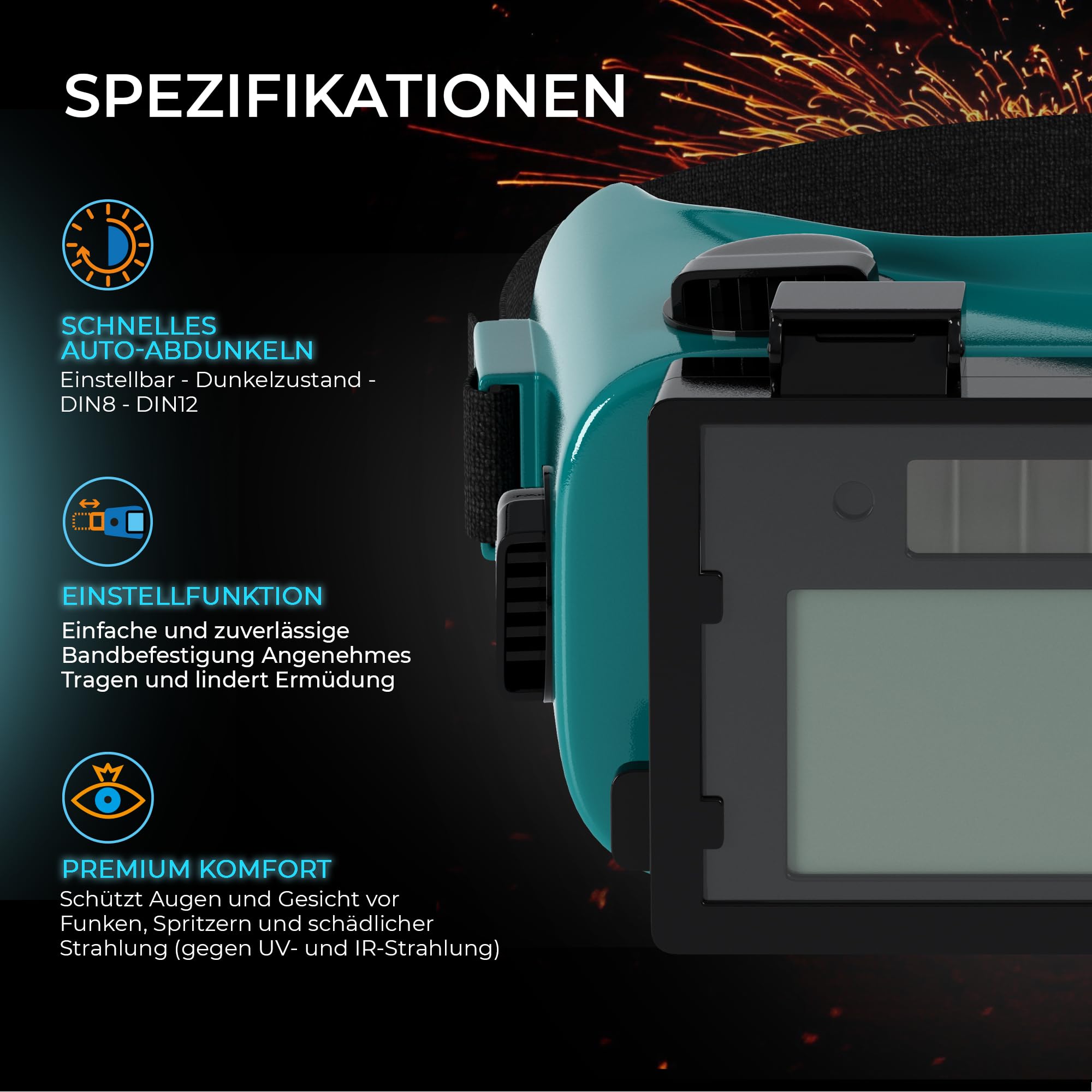 Svetsglasögon i närbild med uppfällbart visir och tysk specifikationstext.
