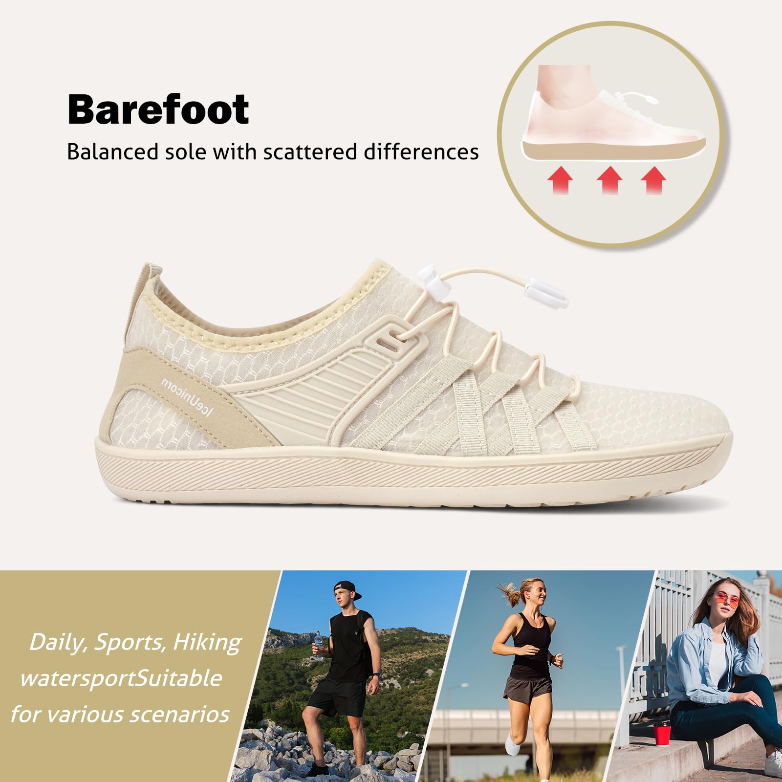 Beige vattensko med snörning och bred tåbox, visad i profil med illustrerad barfotafot ovanför.