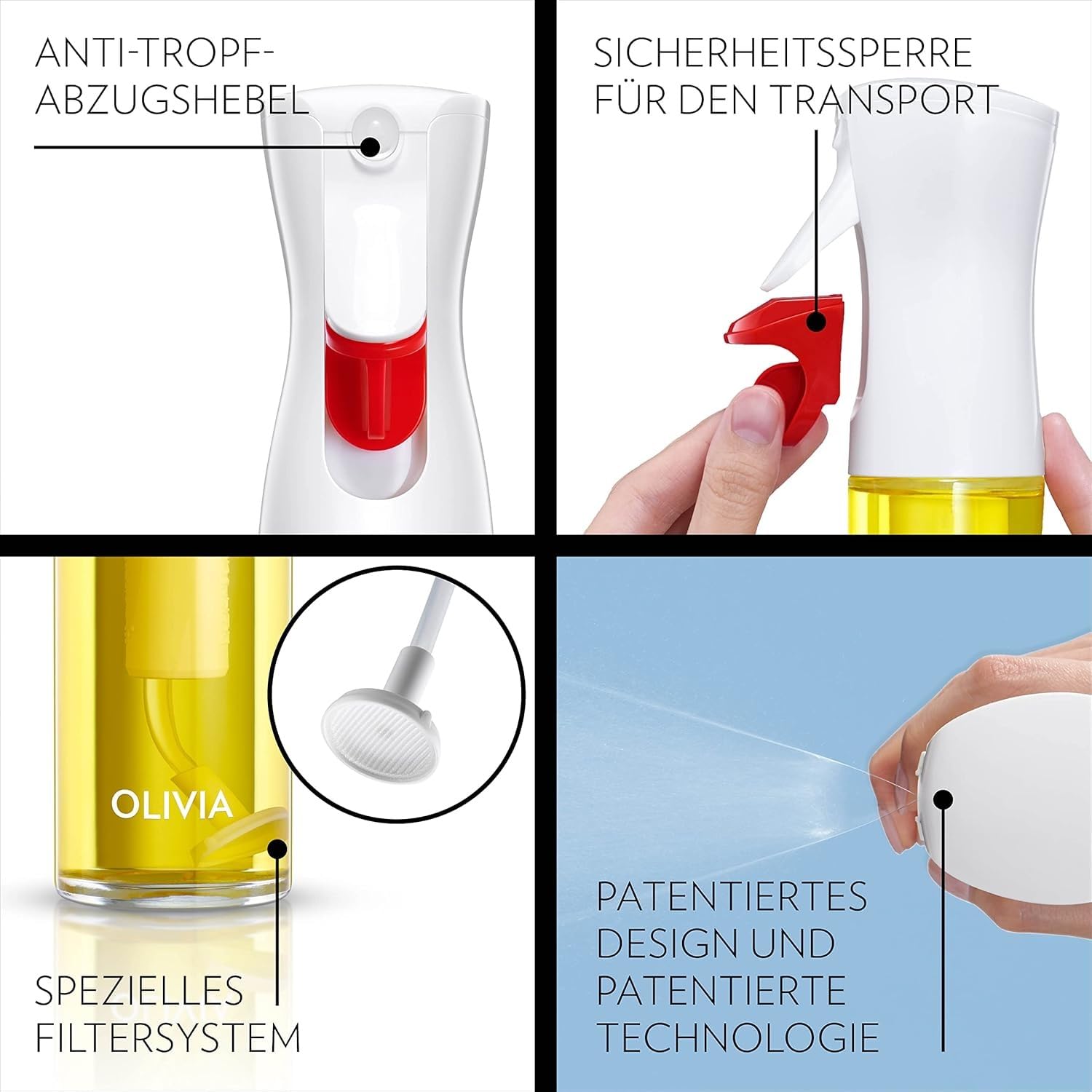 Kollage av vit sprayflaska med detaljer och hand som sprayar.